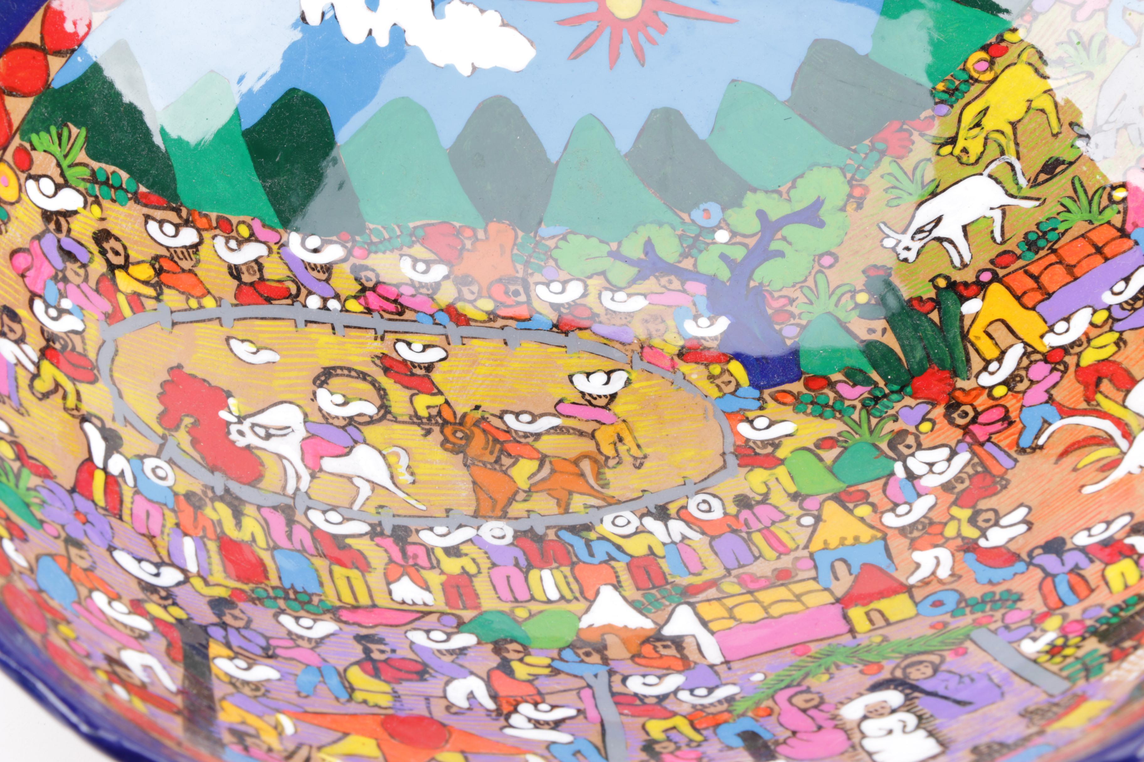 Hand-Painted Mexican Folk Art Earthenware Footed Bowl