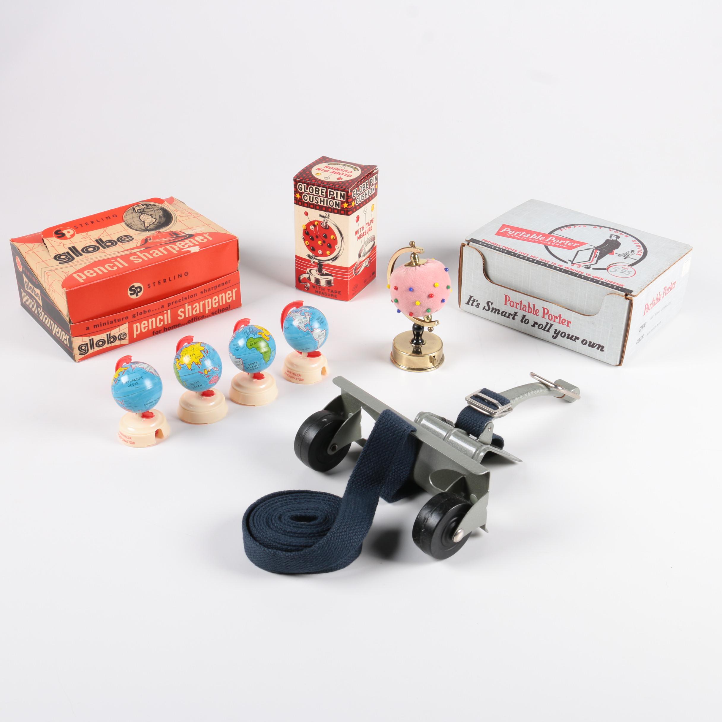 Vintage Globe Motif Items And Portable Porter Luggage Wheels