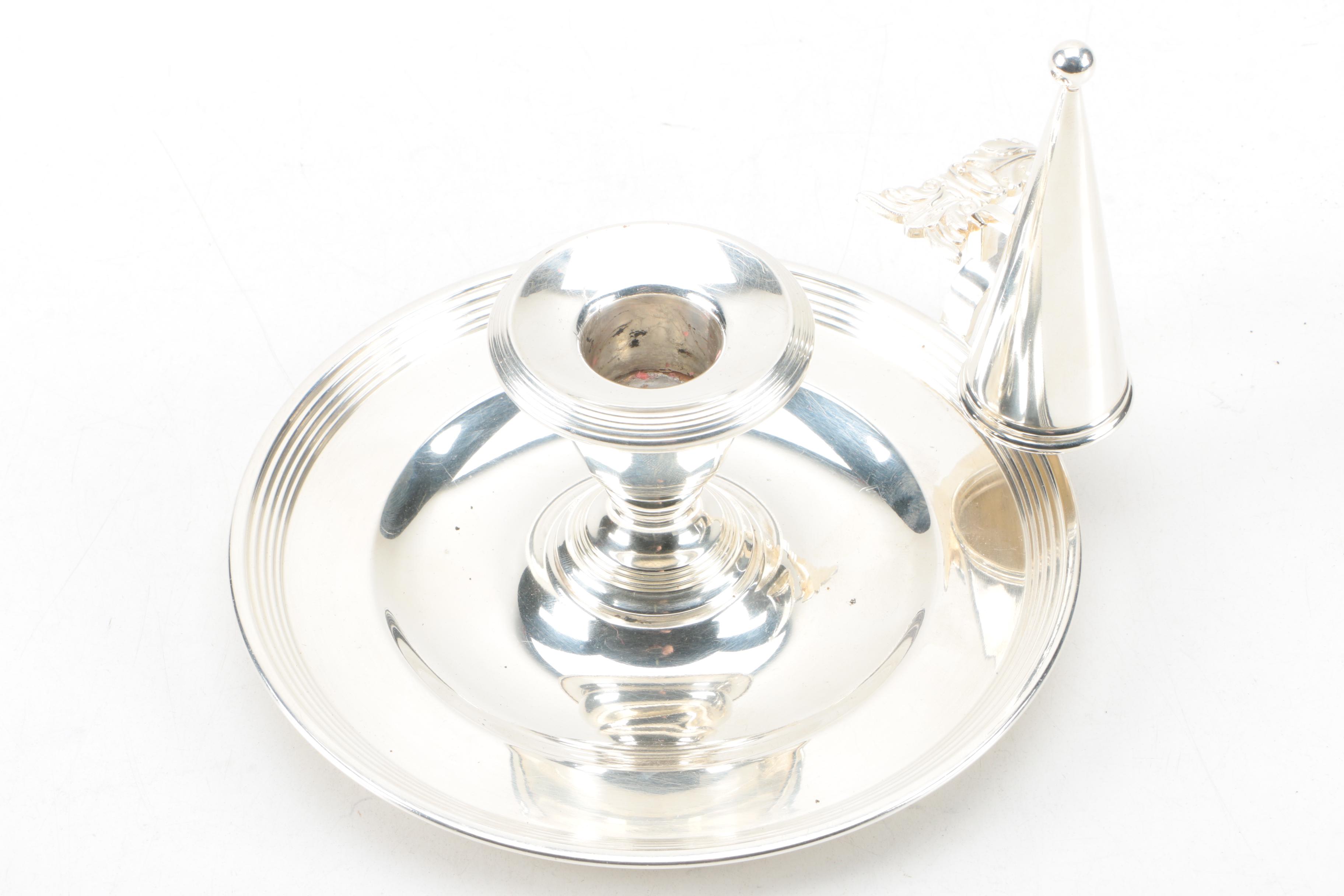 Ellis-Barker Silver Co. Silver Plate Chamberstick Holder with Snuffer