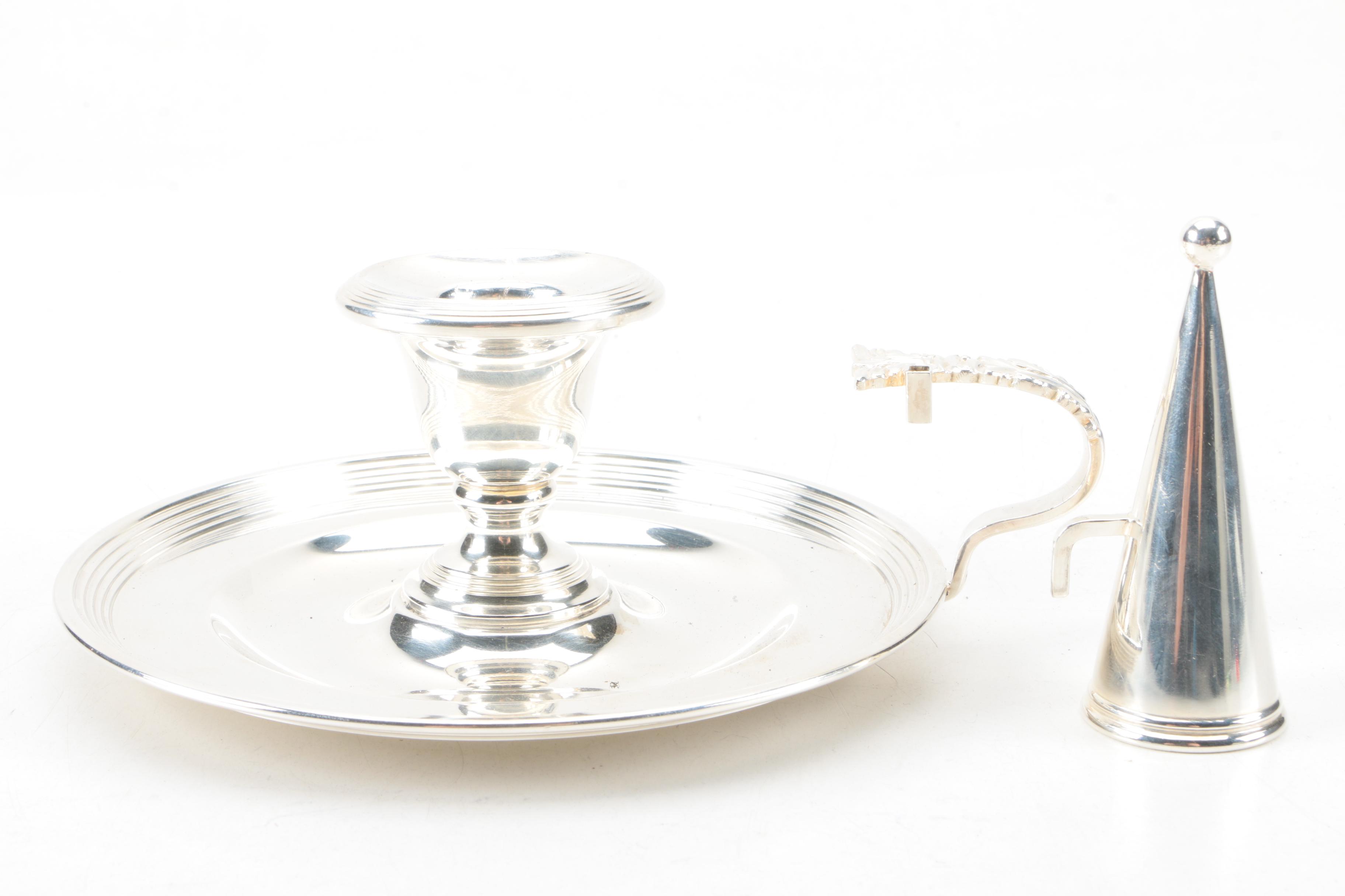 Ellis-Barker Silver Co. Silver Plate Chamberstick Holder with Snuffer