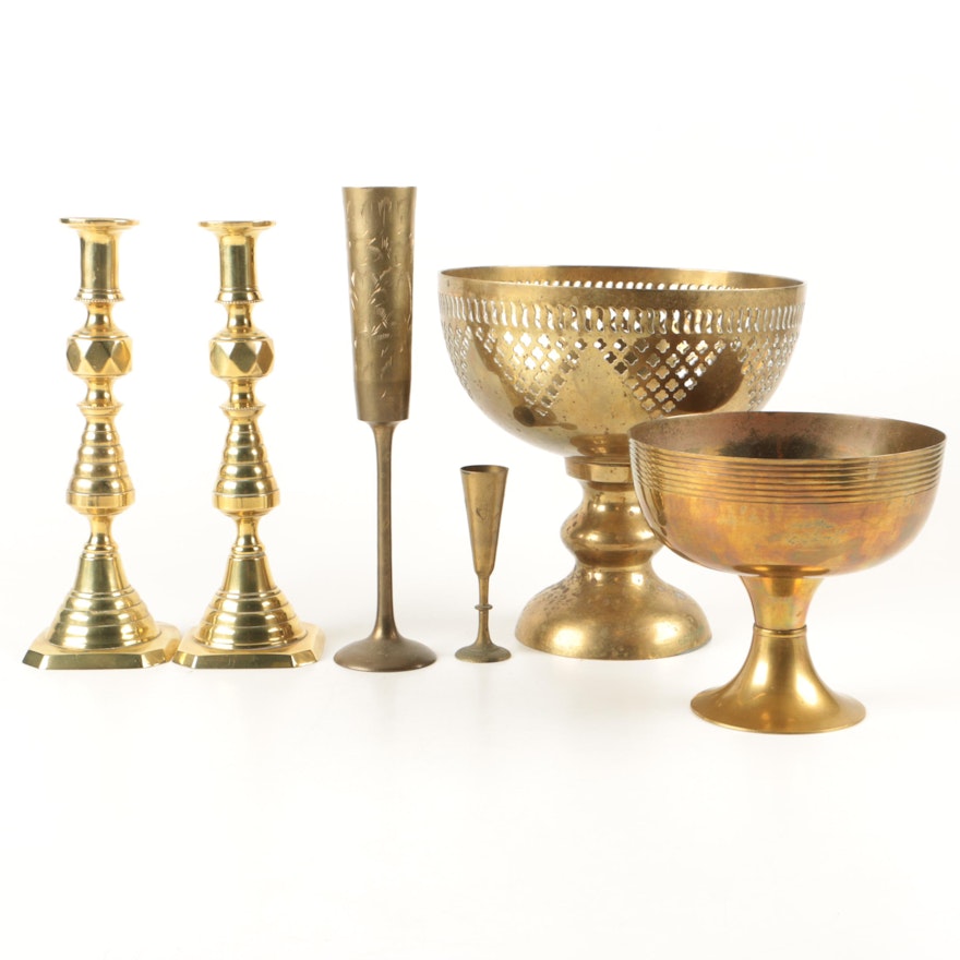 Brass Decorative Items Including Vintage Push Up Beehive Candleholders