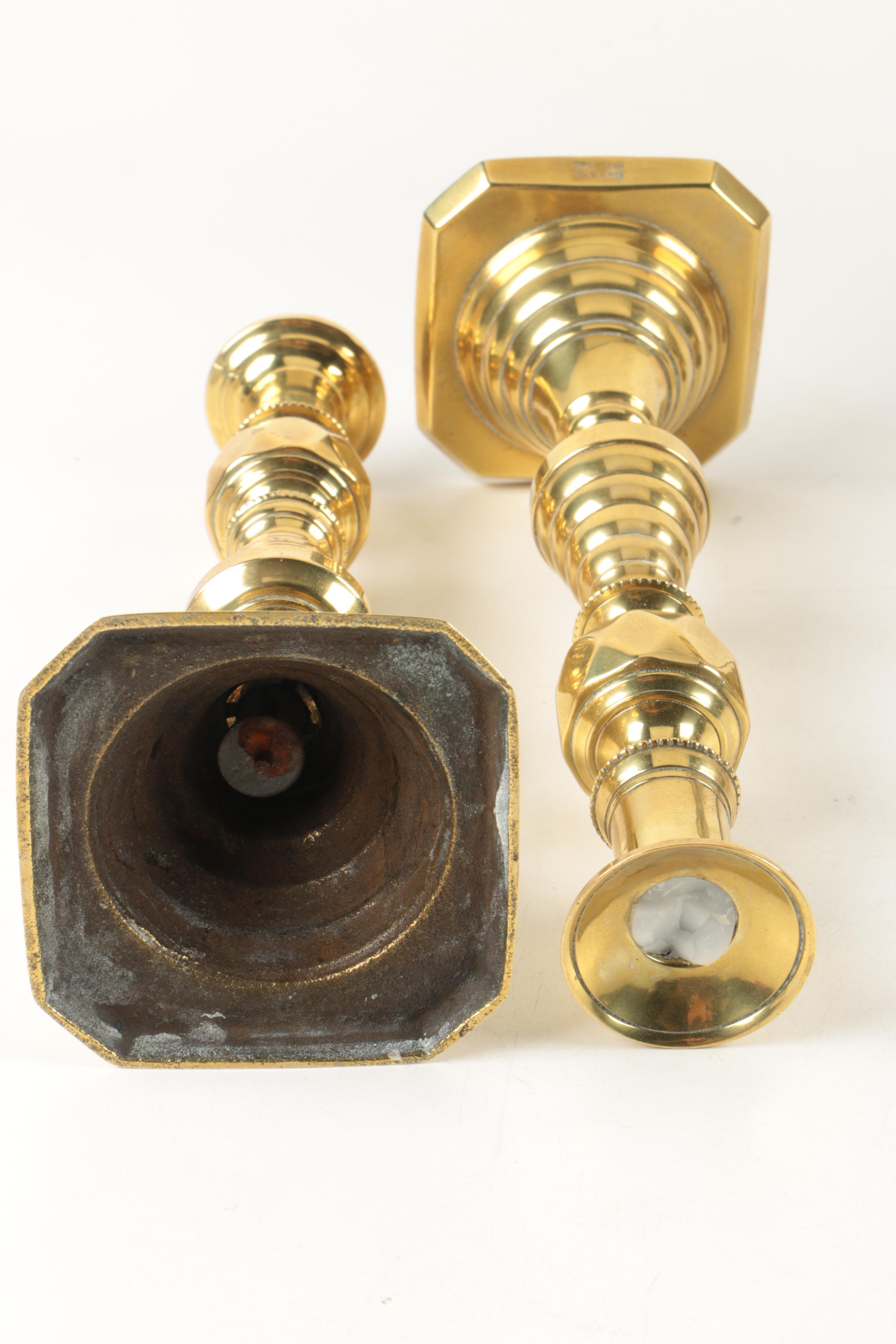 Brass Decorative Items Including Vintage Push Up Beehive Candleholders