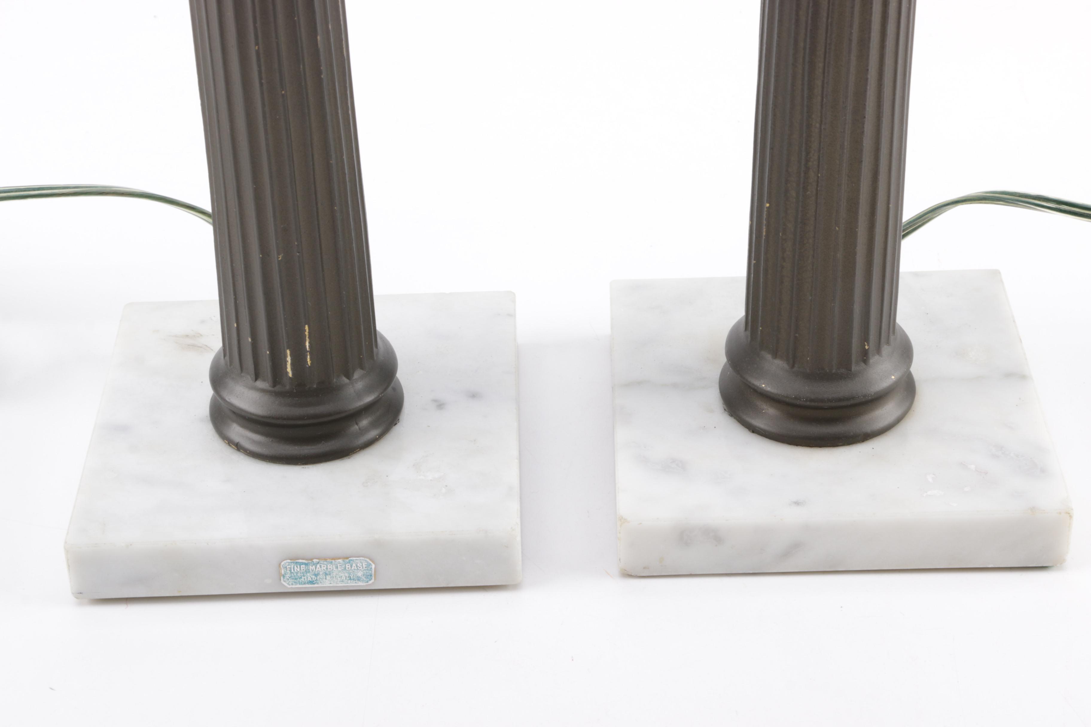 Vintage Italian Corinthian Column Table Lamps With Marble Bases