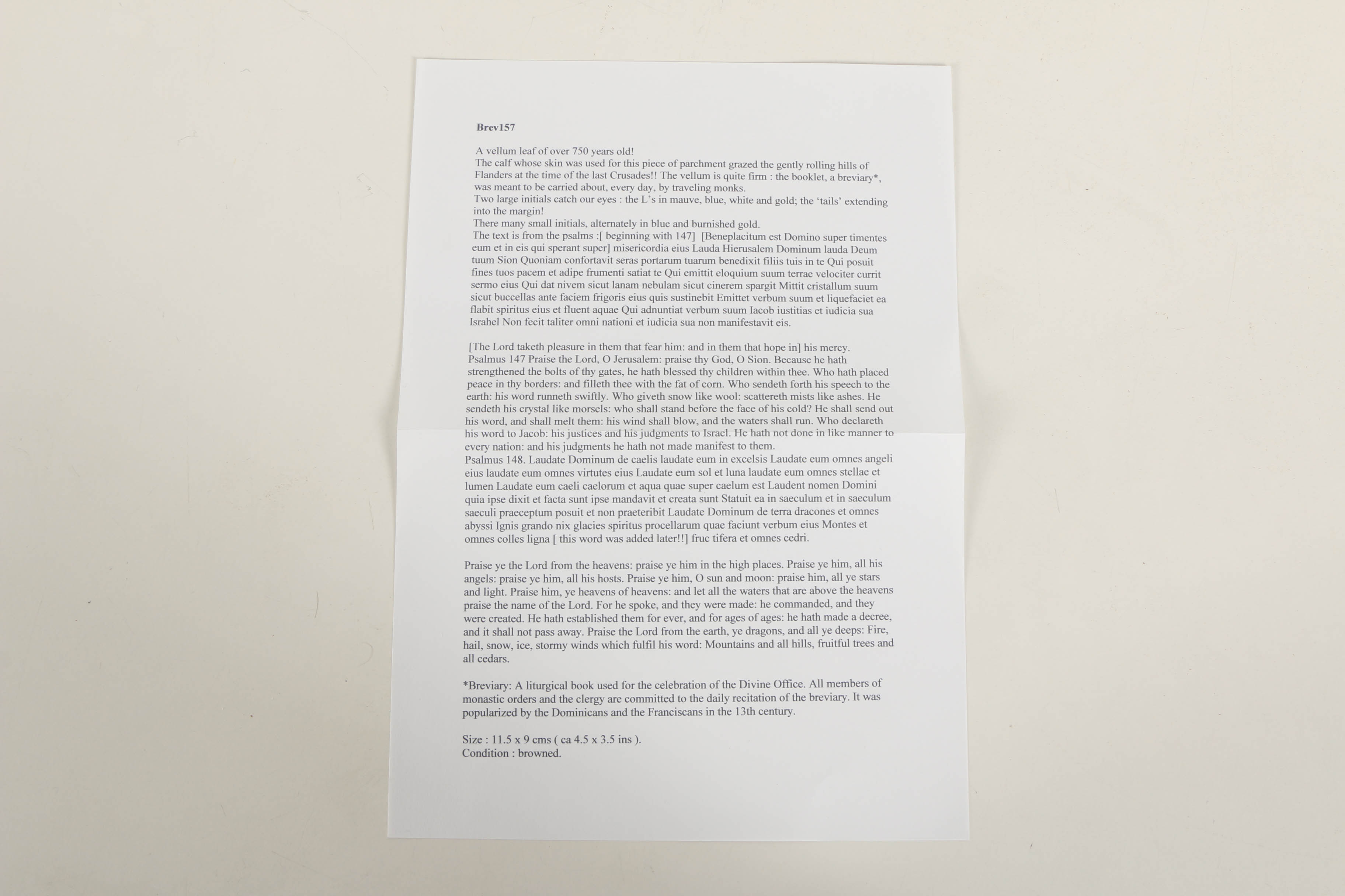 Medieval Hand-Painted Vellum Page from Illuminated Breviary Manuscript