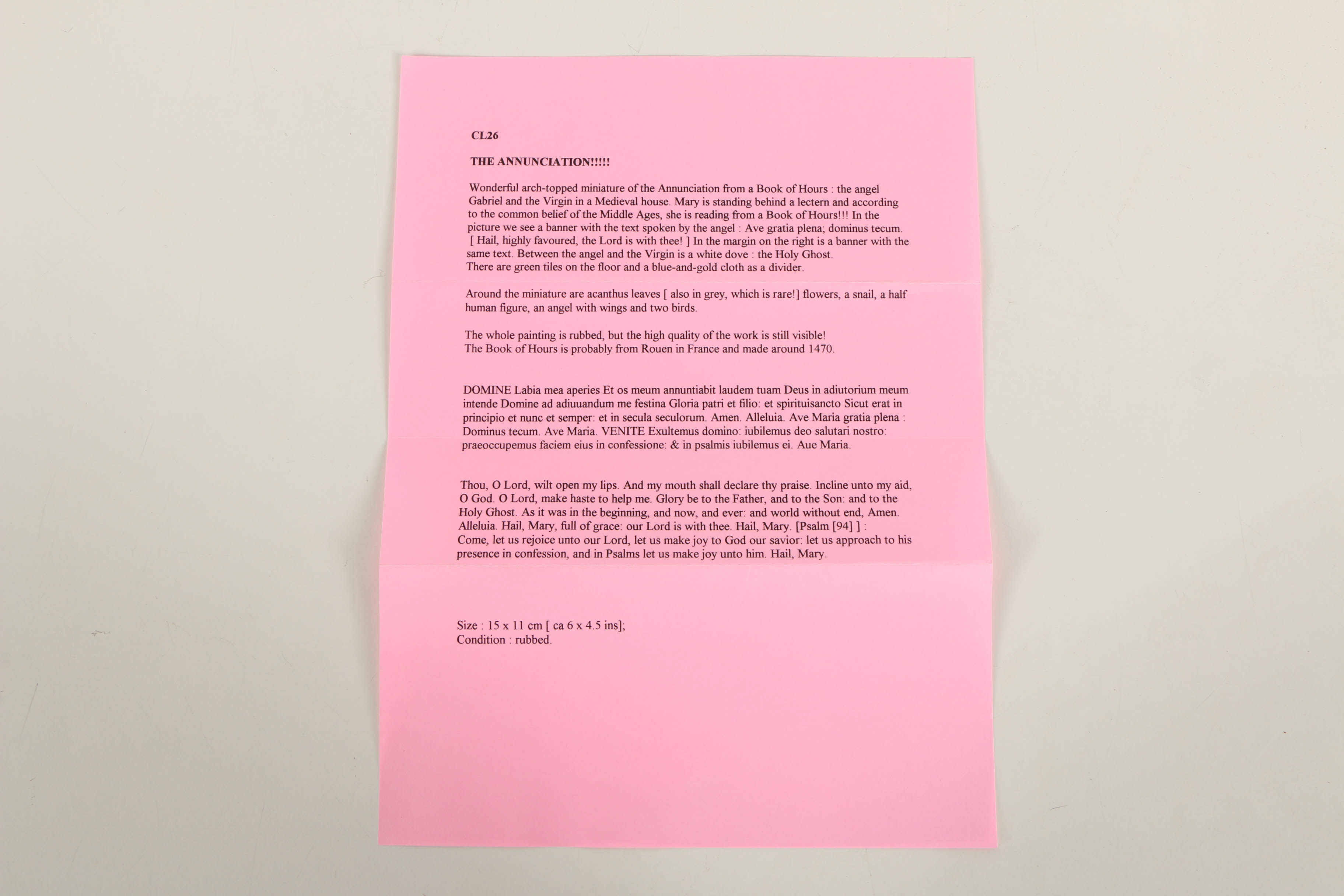 Miniature Medieval Hand-Painted Page from a Book of Hours "The Annunciation"