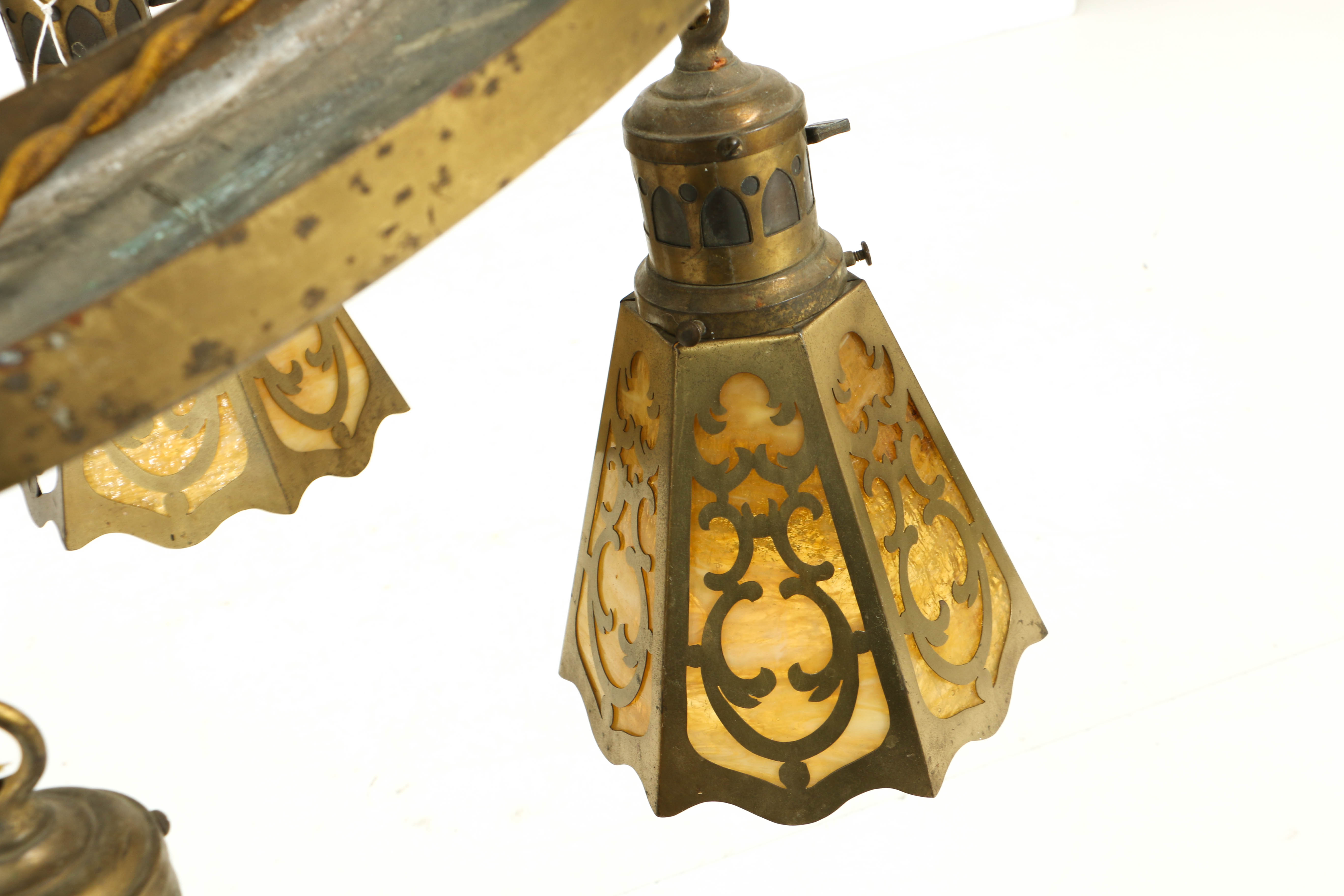 Vintage Brass Four Shade Caramel Slag Glass Hanging Light Fixture