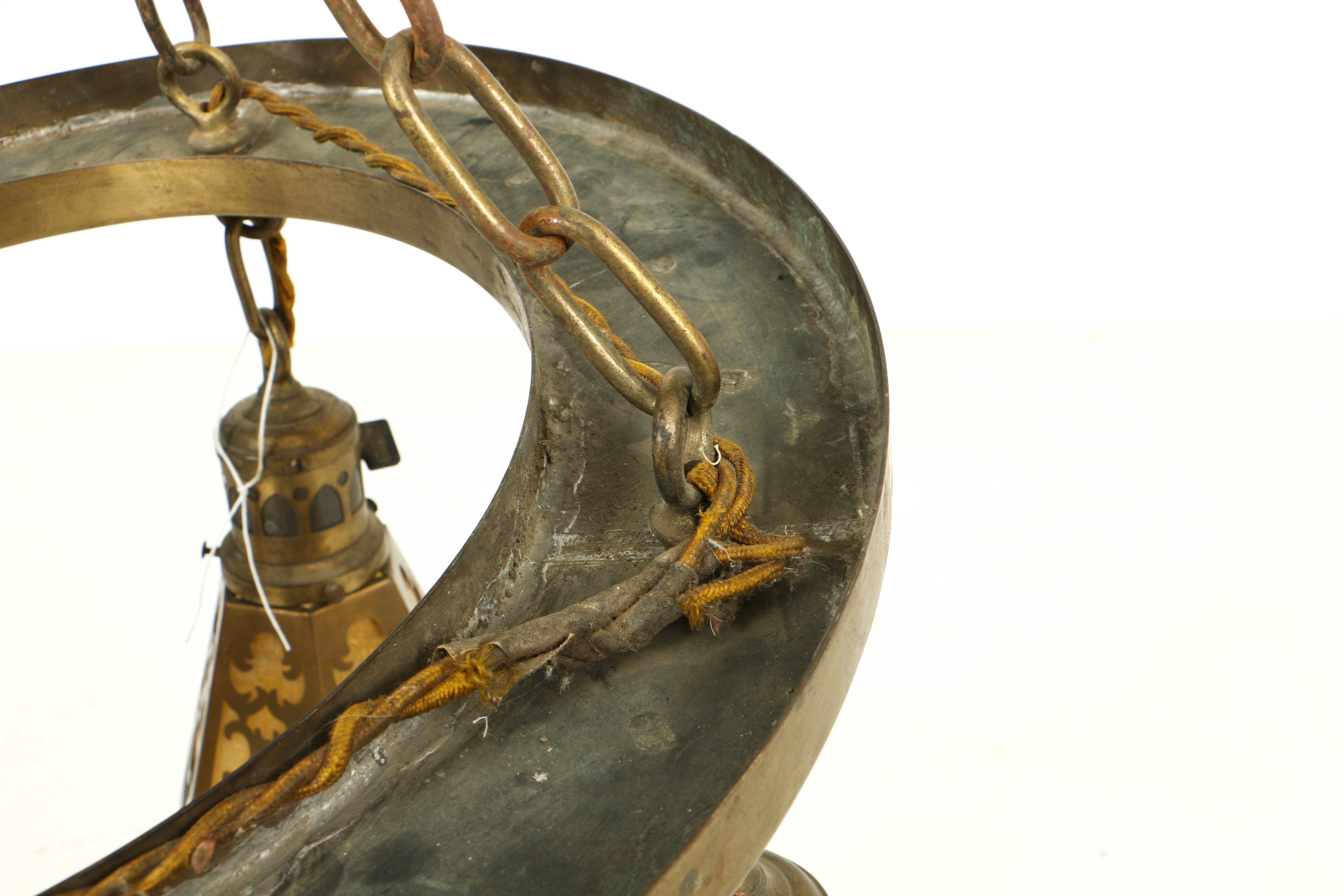 Vintage Brass Four Shade Caramel Slag Glass Hanging Light Fixture