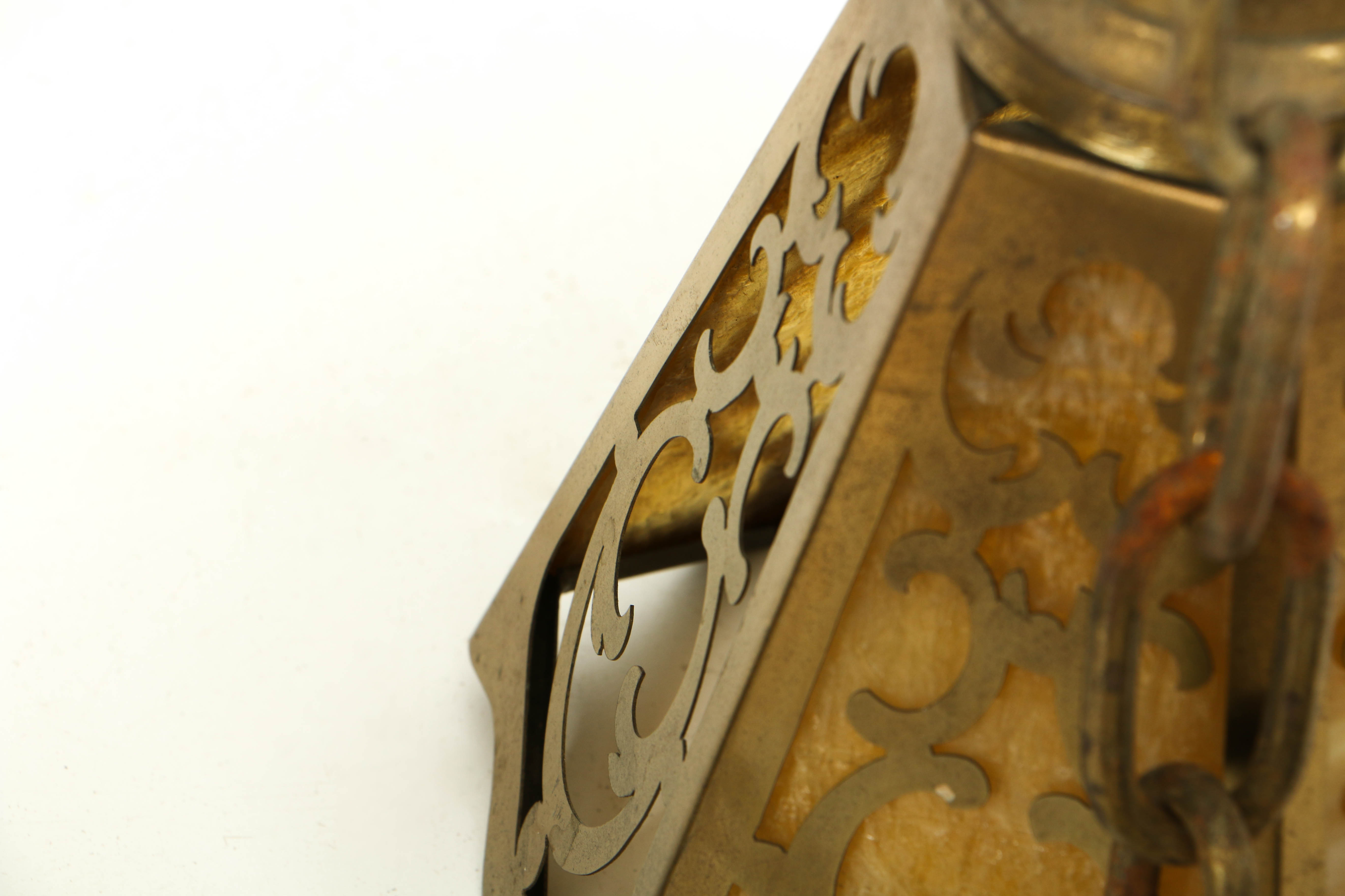 Vintage Brass Four Shade Caramel Slag Glass Hanging Light Fixture