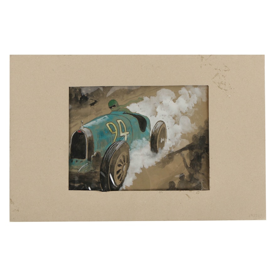 Mid 20th-Century Gouache and Watercolor Illustration on Paper of Car Race