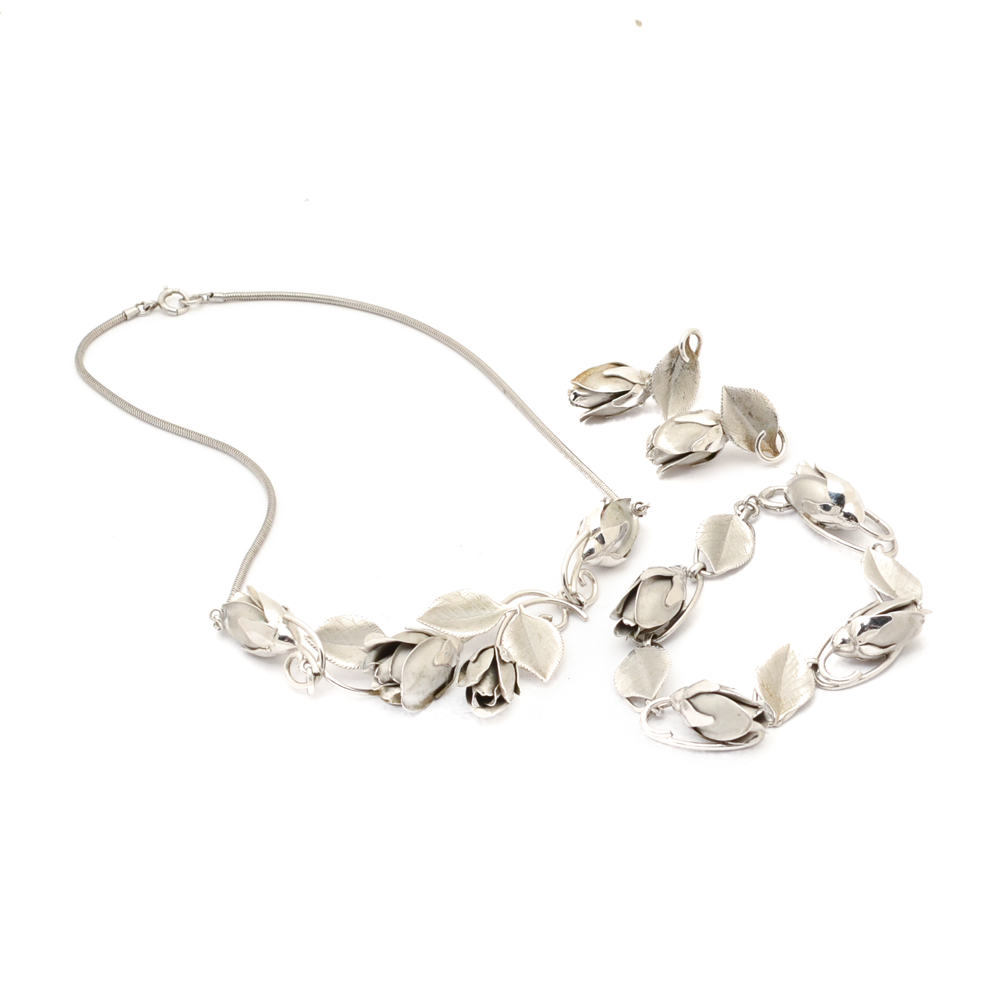 Vintage Bick & Son Sterling Silver Figural Rose Demi Parure