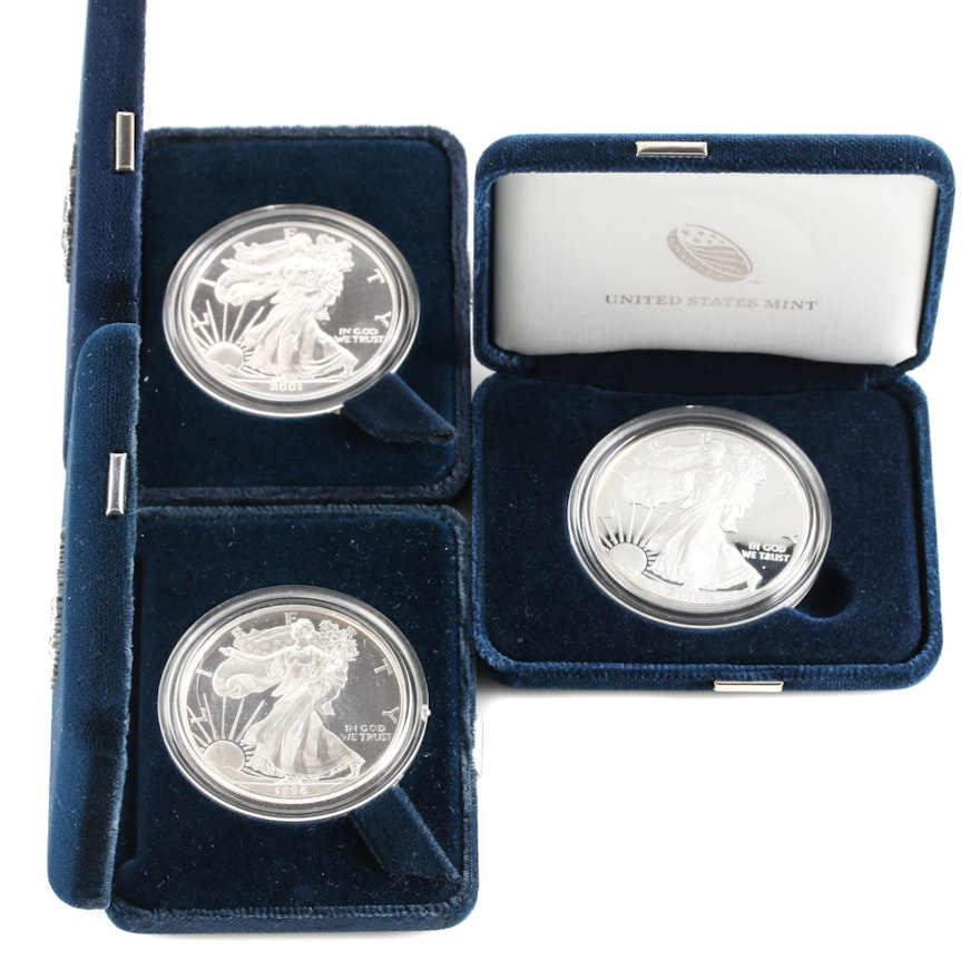 1996, 2001 and 2012 $1 American Silver Eagle Coins