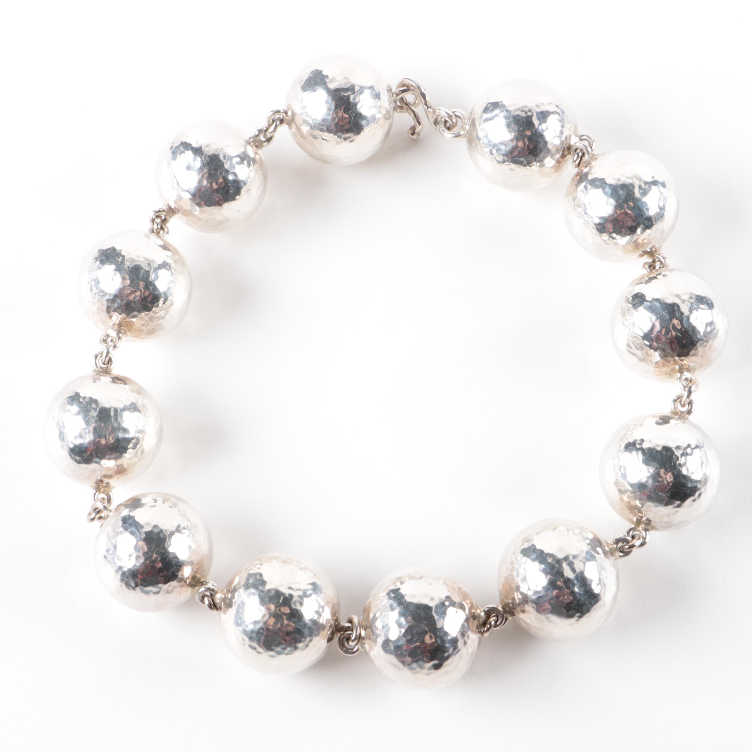 Pat Areias Sterling Silver Hammered Ball Bead Necklace with Pouch