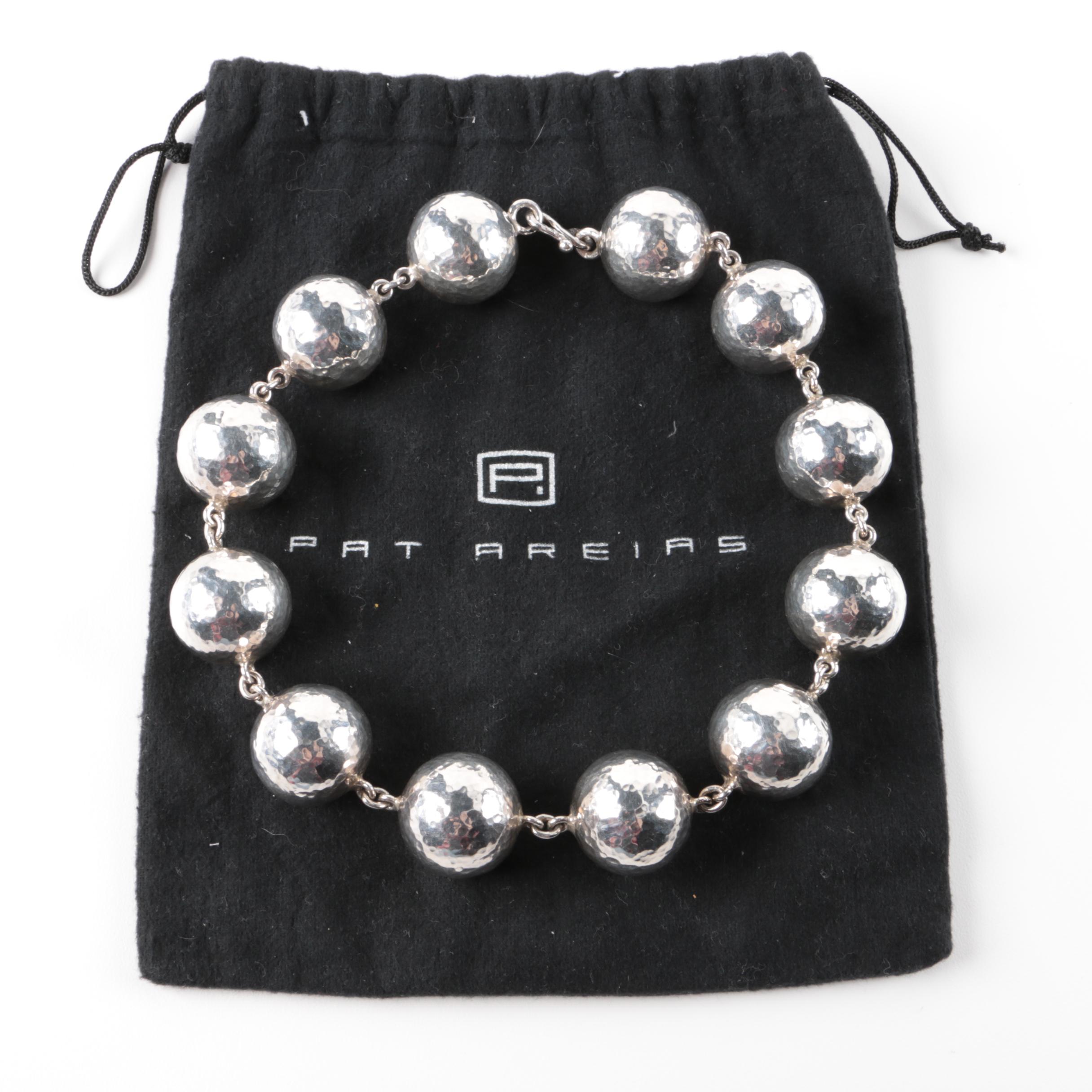 Pat Areias Sterling Silver Hammered Ball Bead Necklace with Pouch