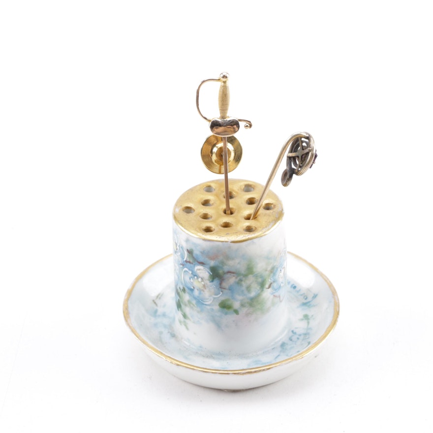 Hand-Painted Porcelain Hat Pin Holder, Including 14K Yellow Gold Stick Pin