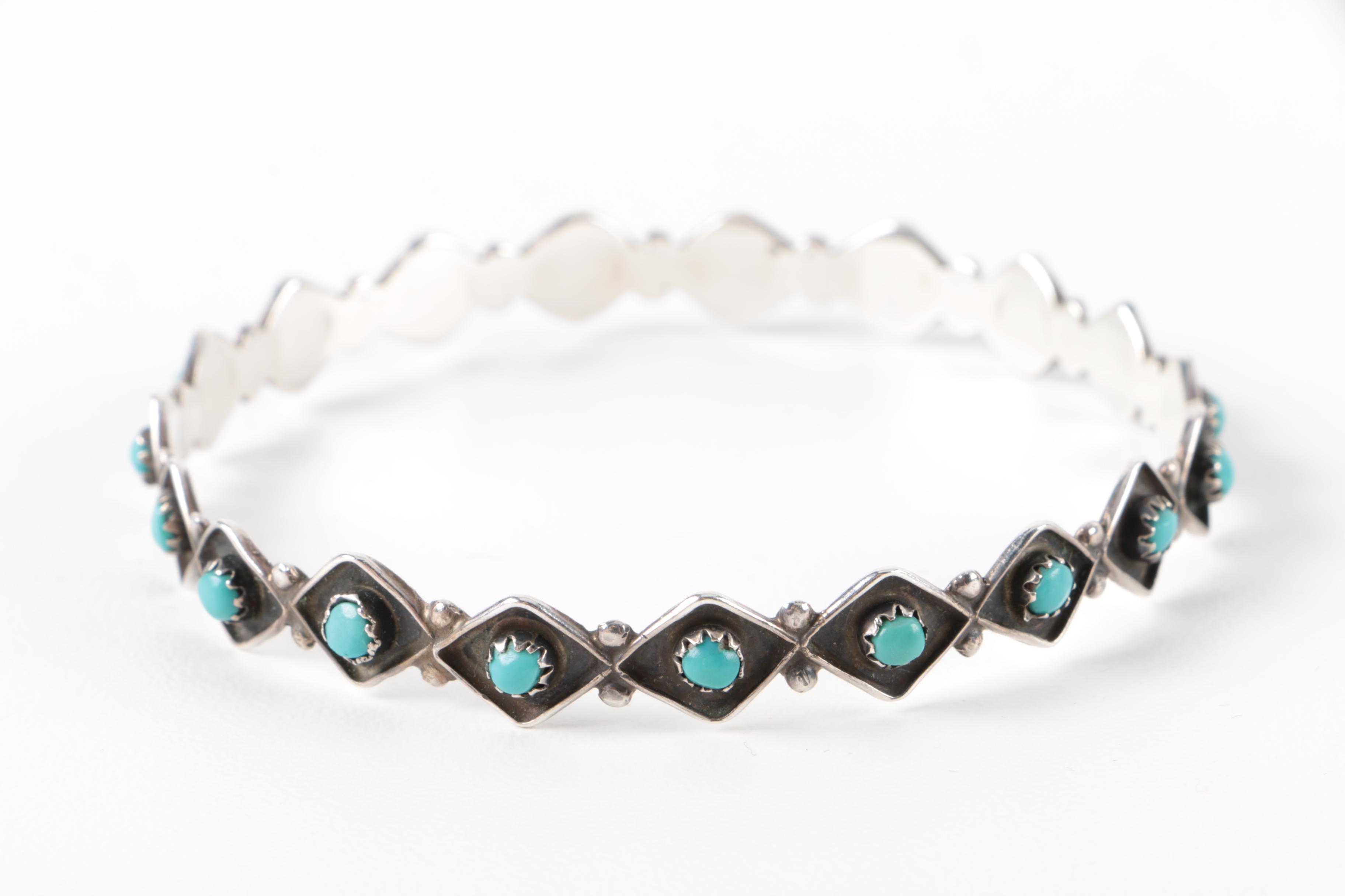 Native American Style Sterling Silver Turquoise Bangle Bracelet and Ring