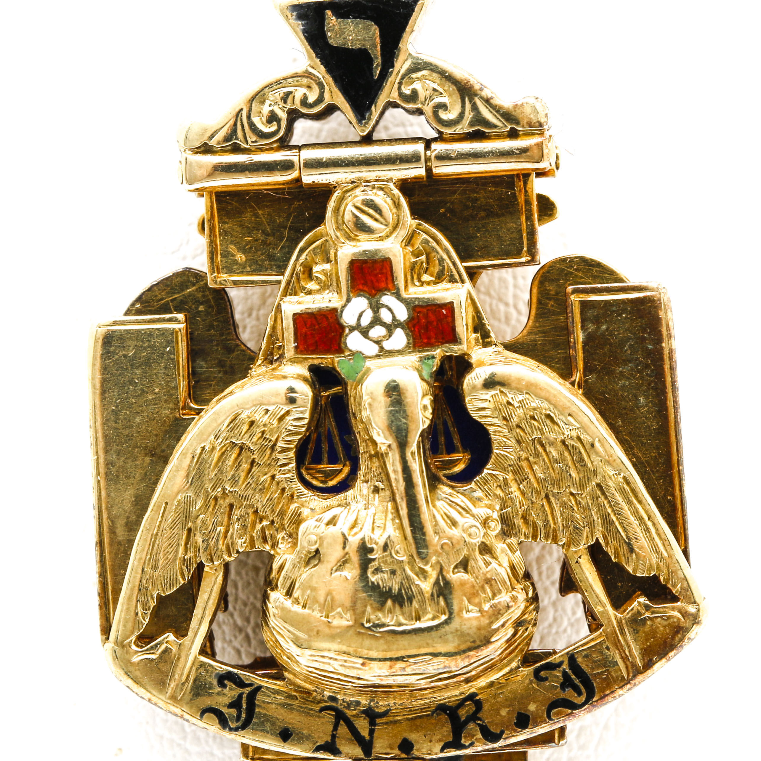 14K Yellow Gold INRI Tri-Fold Masonic 32nd Degree Scottish Rite Rose Croix Fob