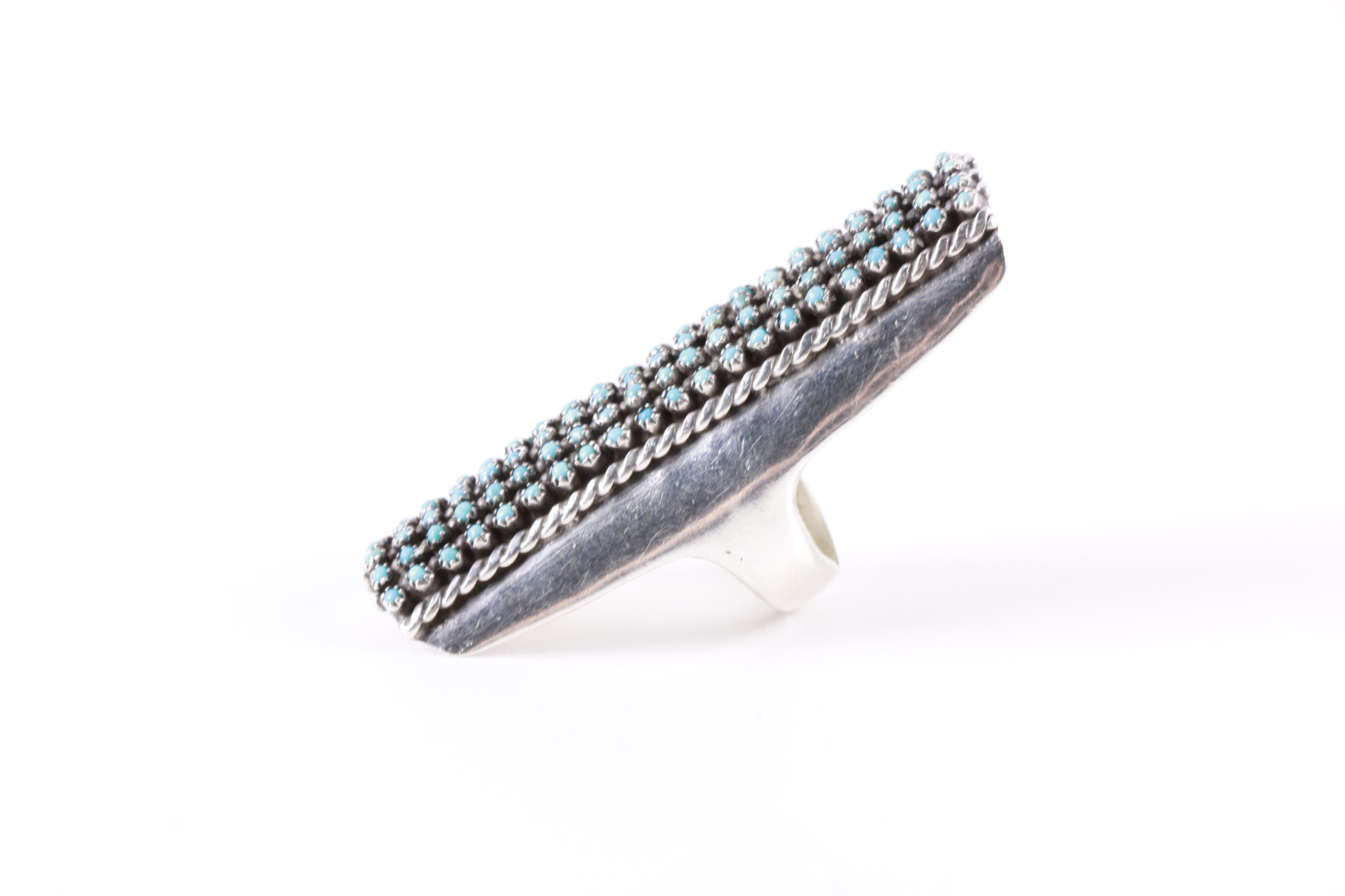 Signed Pete and Vivian Haloo Zuni Sterling Silver Snake Eye Turquoise Ring
