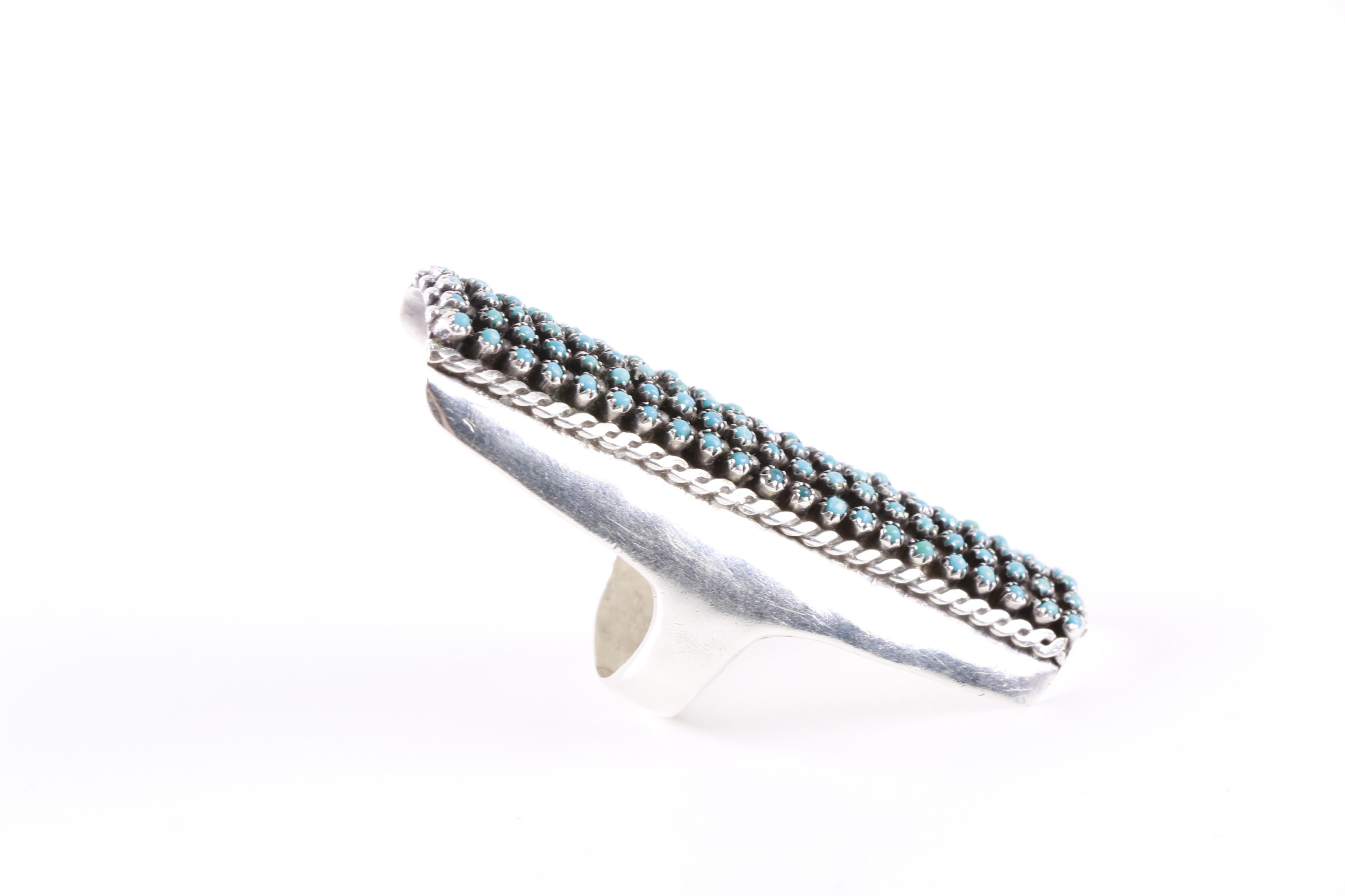 Signed Pete and Vivian Haloo Zuni Sterling Silver Snake Eye Turquoise Ring