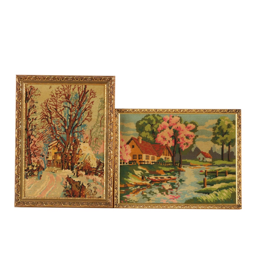 Framed Needle Point Embroideries of Houses in Spring and Winter