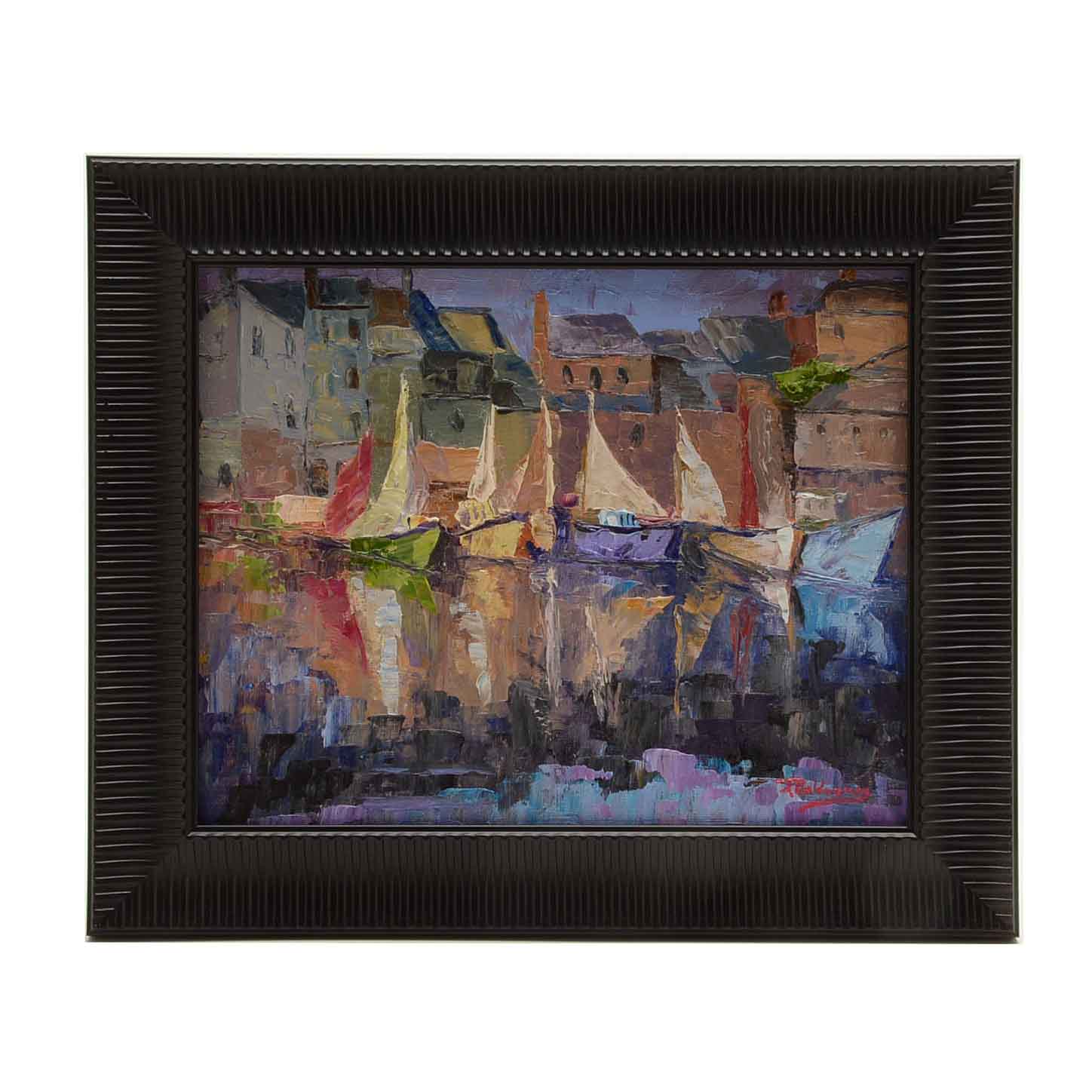 James Baldoumas Signed Oil Painting 'Sailboats Ma Harbor'