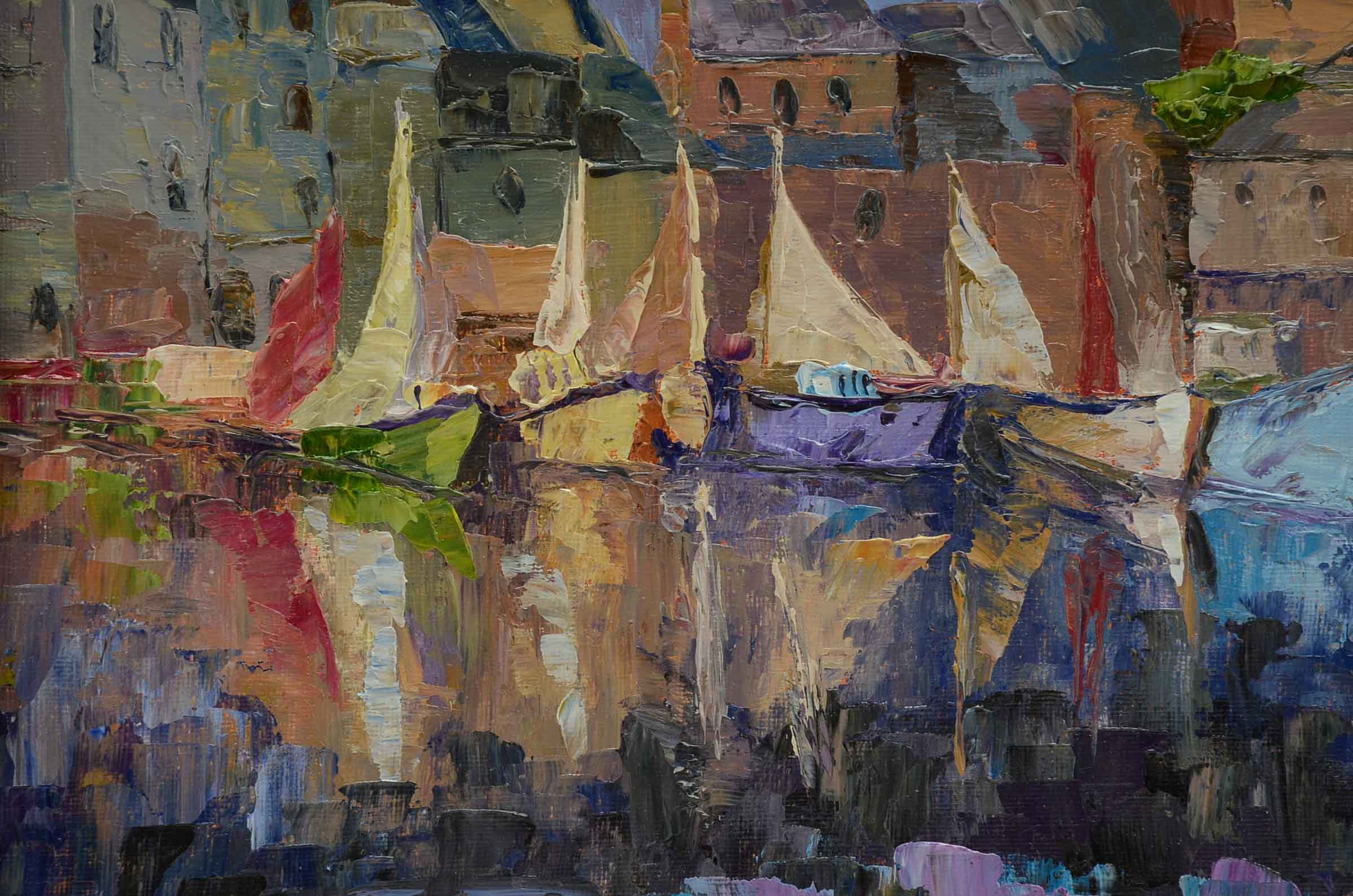 James Baldoumas Signed Oil Painting 'Sailboats Ma Harbor'