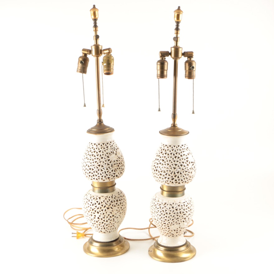 Vintage Asian Inspired Reticulated White Ceramic Table Lamps