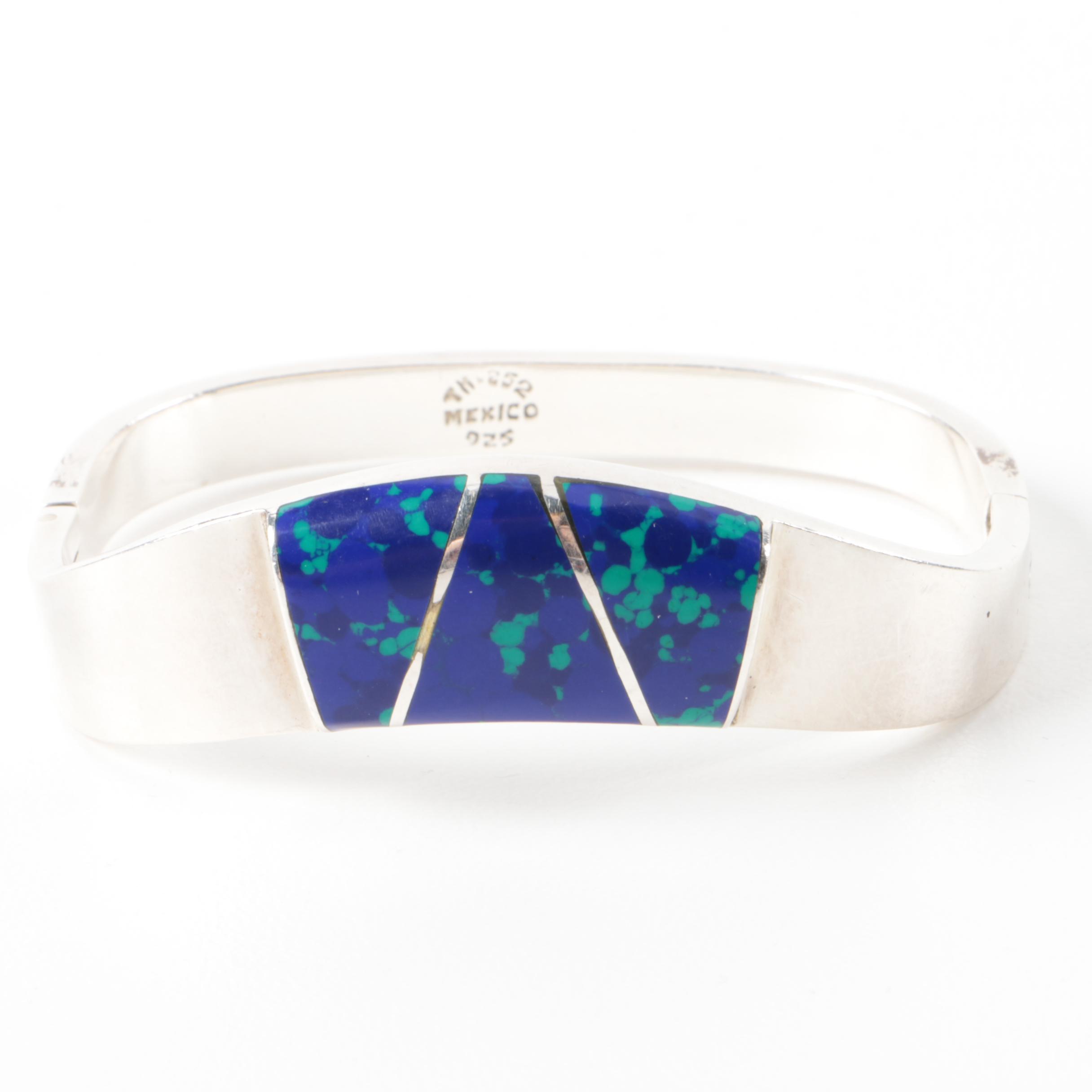 Mexican Sterling Silver Hinged Cuff Bracelet with Imitation Azurmalachite Accent