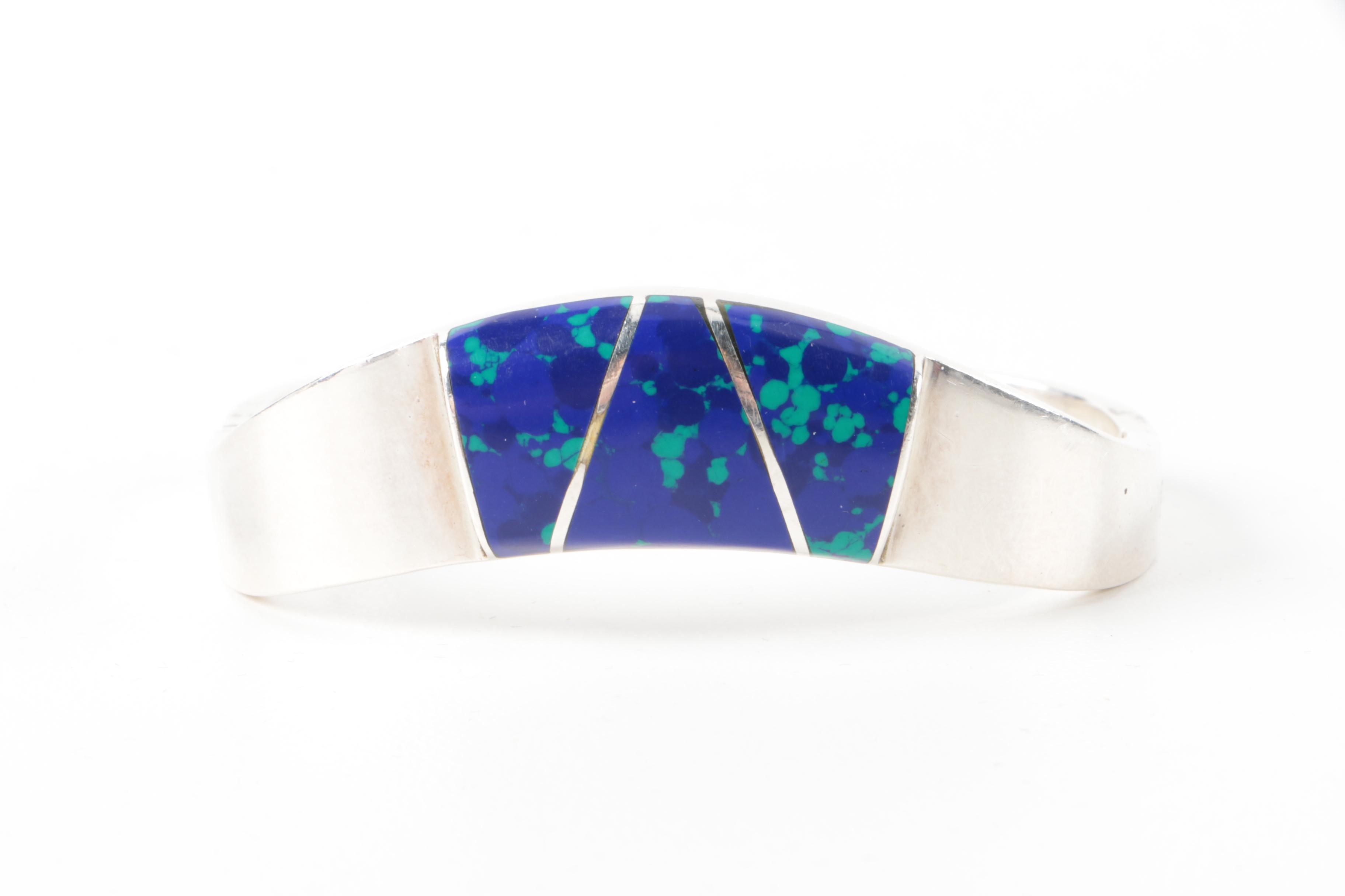 Mexican Sterling Silver Hinged Cuff Bracelet with Imitation Azurmalachite Accent
