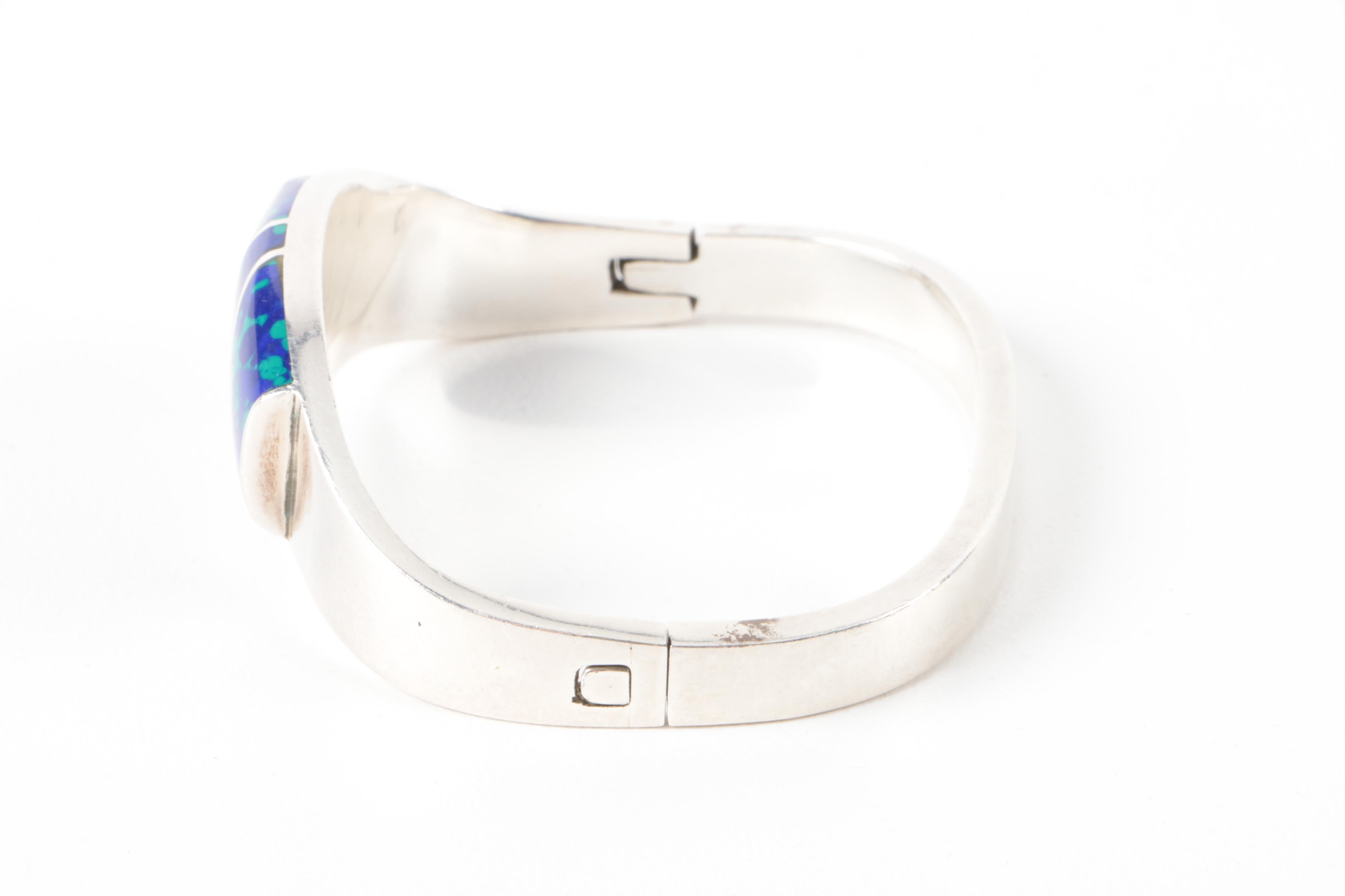 Mexican Sterling Silver Hinged Cuff Bracelet with Imitation Azurmalachite Accent