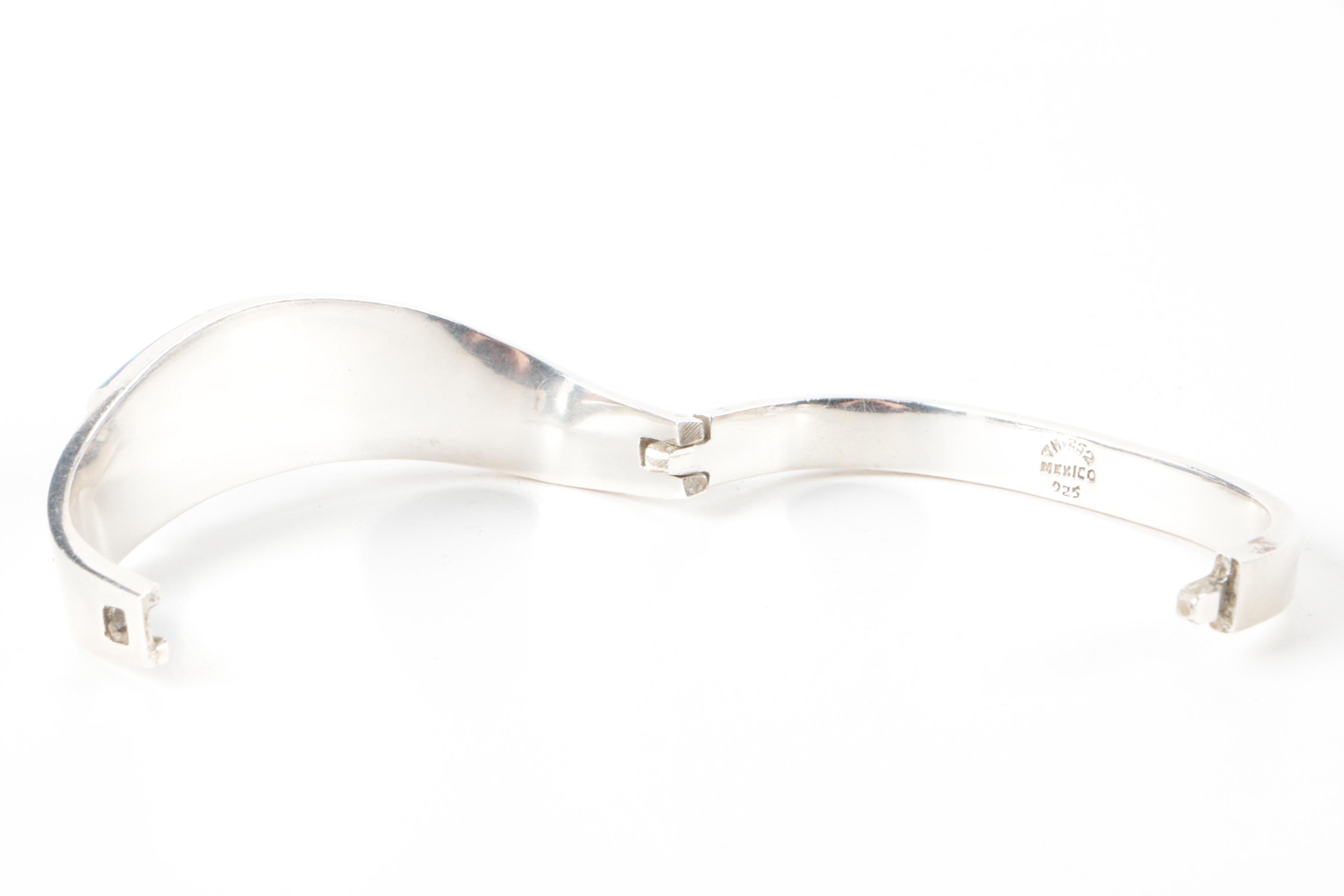 Mexican Sterling Silver Hinged Cuff Bracelet with Imitation Azurmalachite Accent