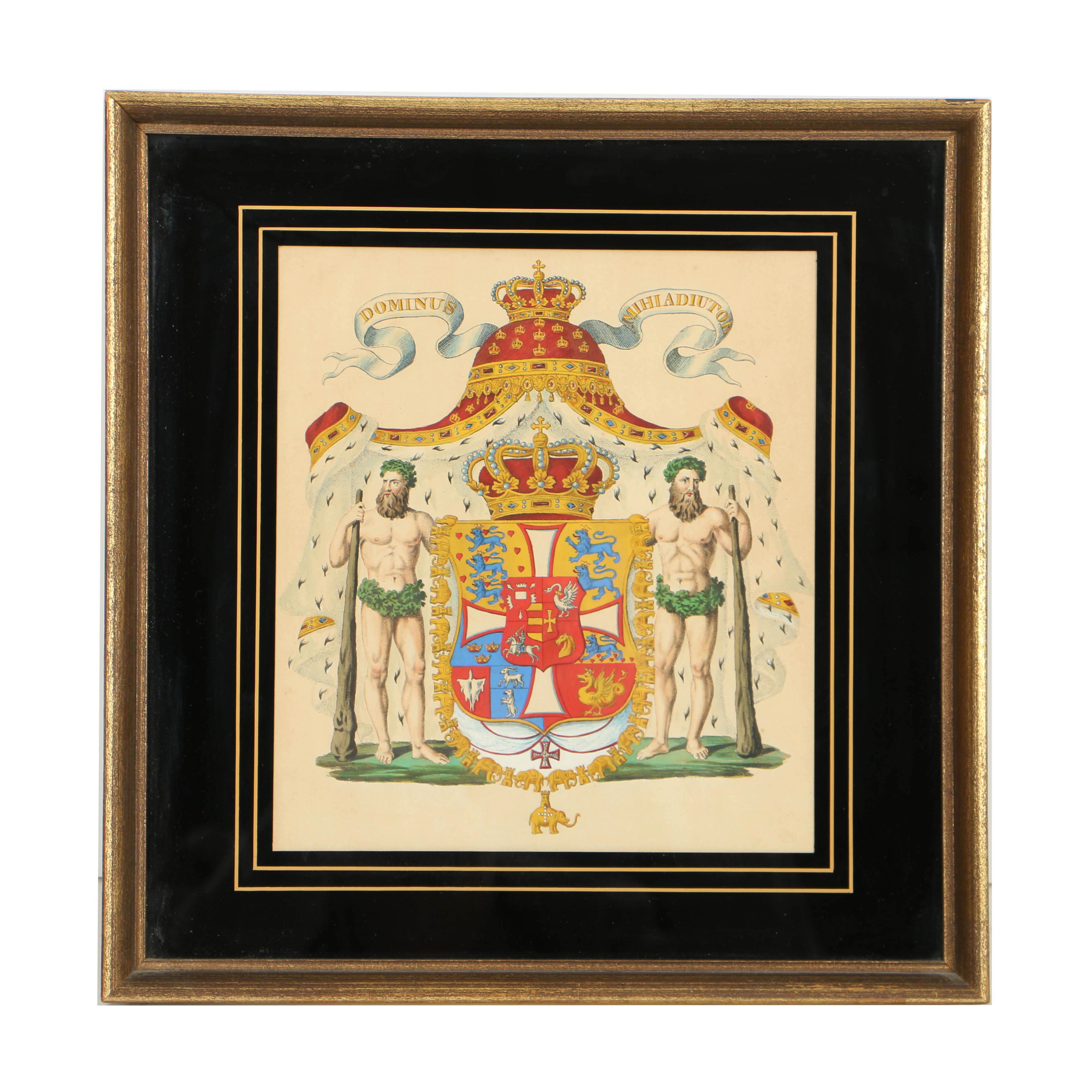 Seven Vintage Hand Colored Heraldic Bookplates, Framed and Sold by Clossons