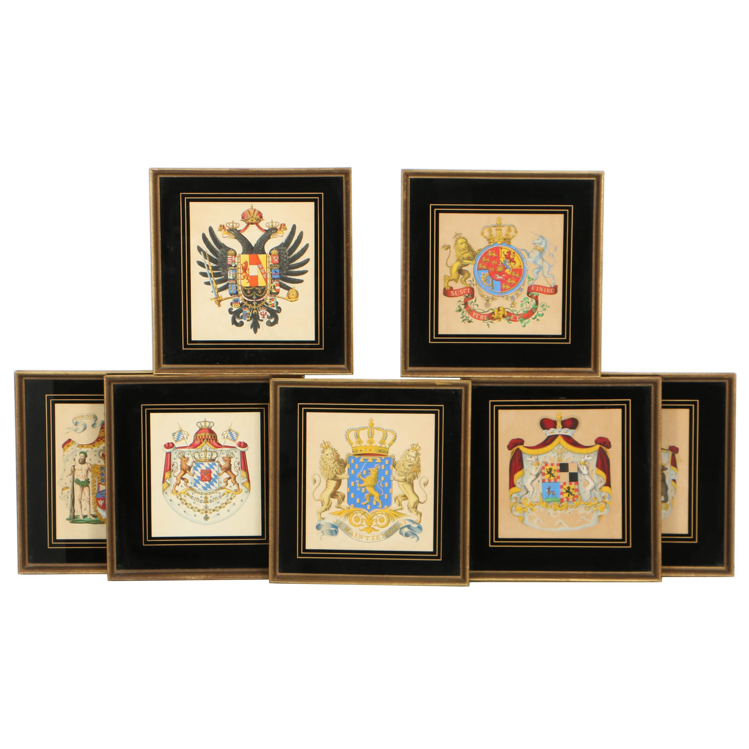 Seven Vintage Hand Colored Heraldic Bookplates, Framed and Sold by Clossons