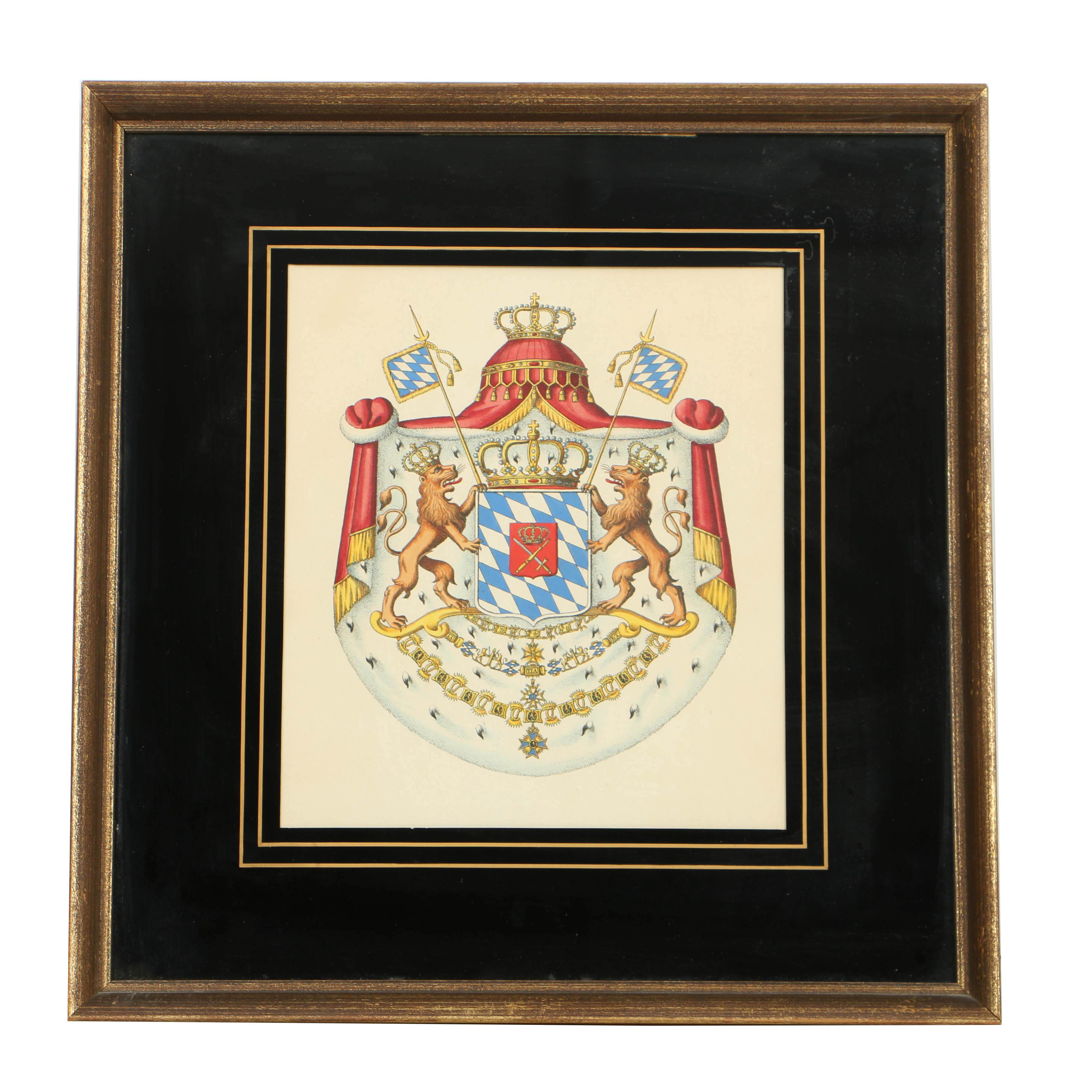 Seven Vintage Hand Colored Heraldic Bookplates, Framed and Sold by Clossons