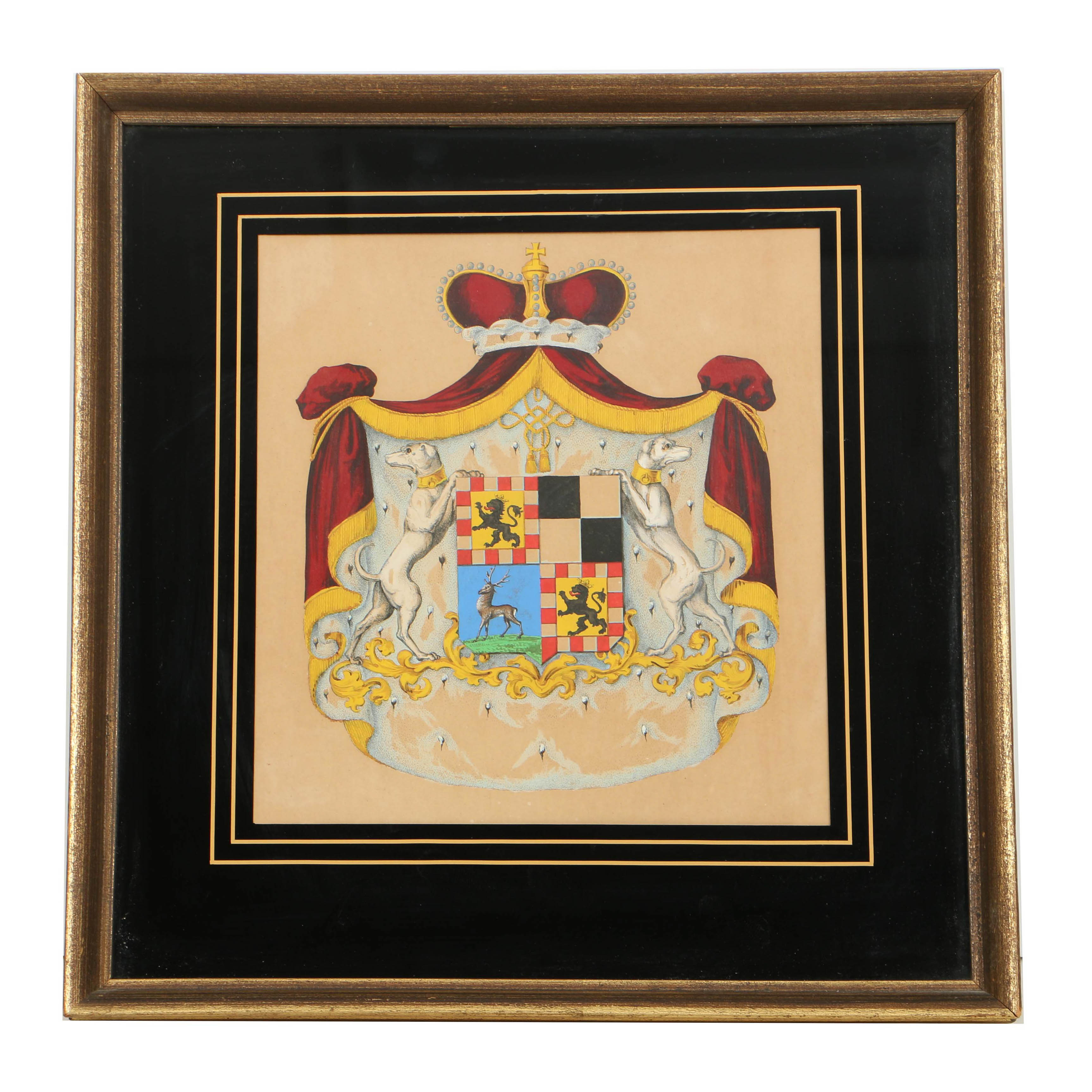 Seven Vintage Hand Colored Heraldic Bookplates, Framed and Sold by Clossons