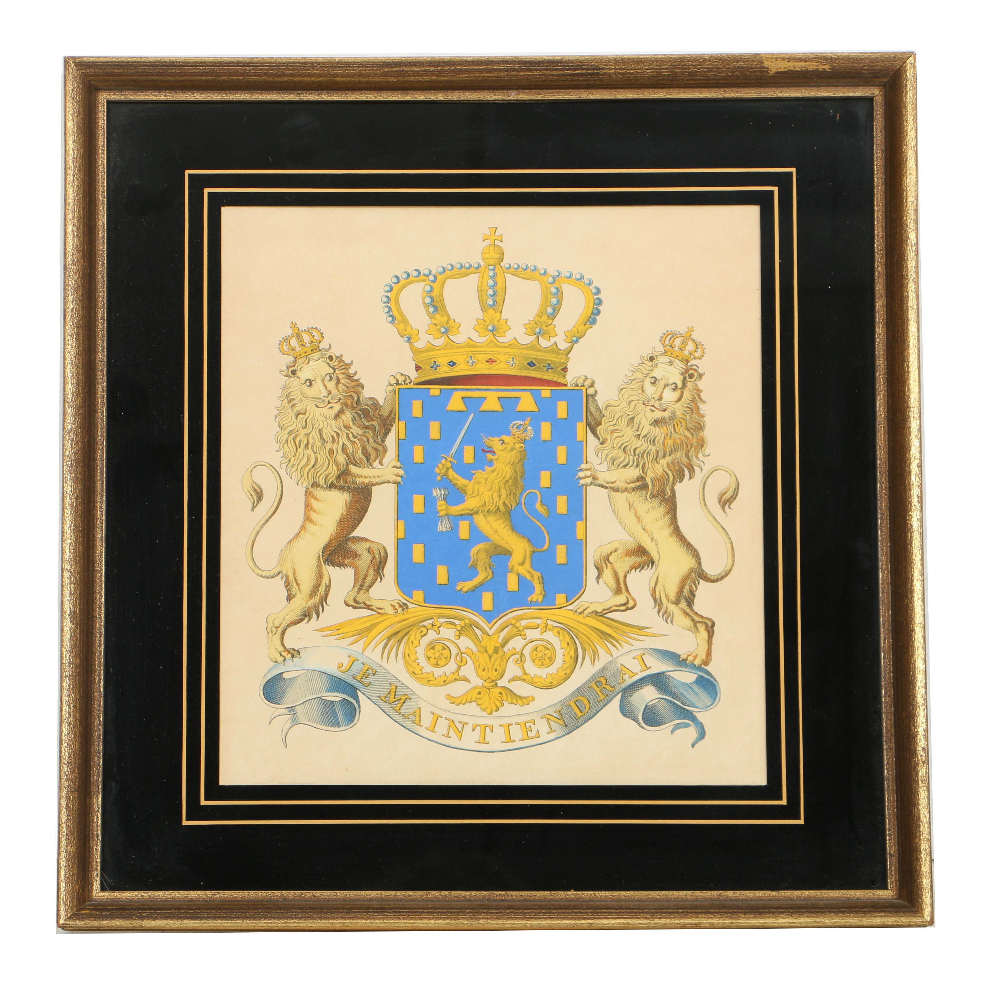 Seven Vintage Hand Colored Heraldic Bookplates, Framed and Sold by Clossons