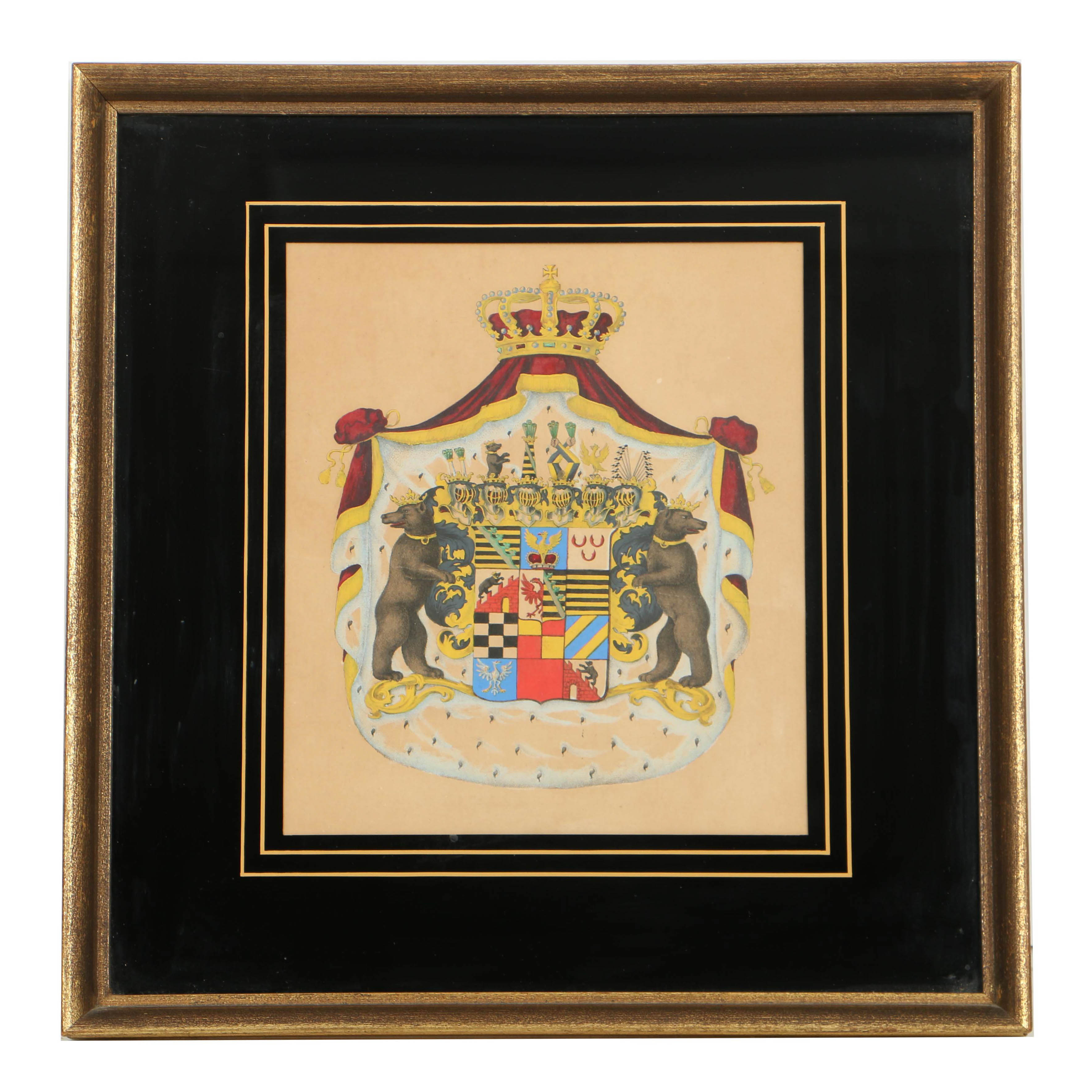 Seven Vintage Hand Colored Heraldic Bookplates, Framed and Sold by Clossons