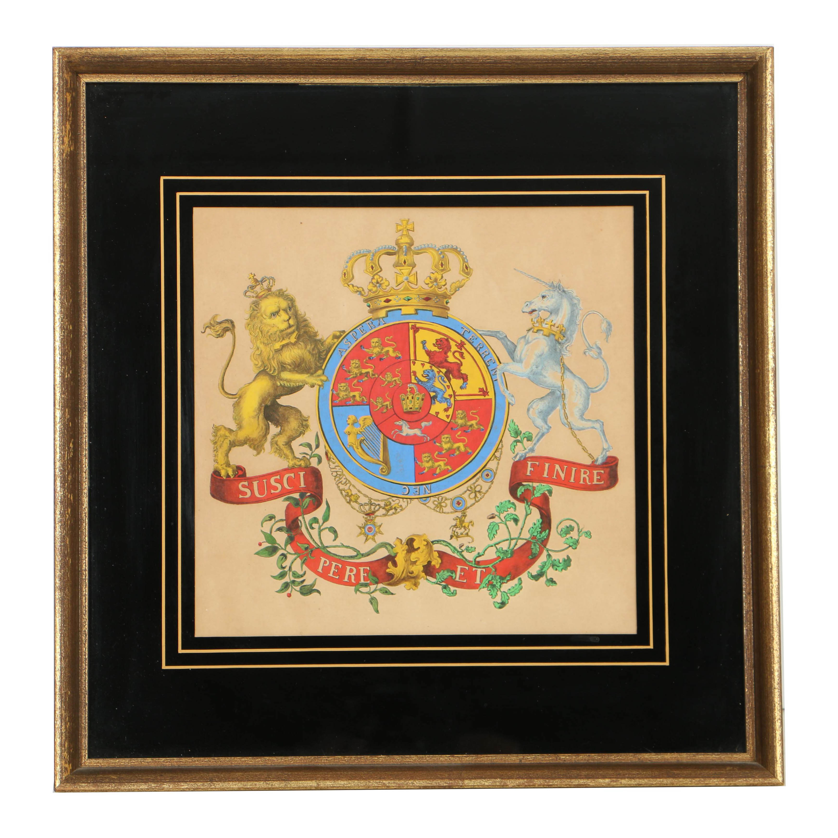 Seven Vintage Hand Colored Heraldic Bookplates, Framed and Sold by Clossons