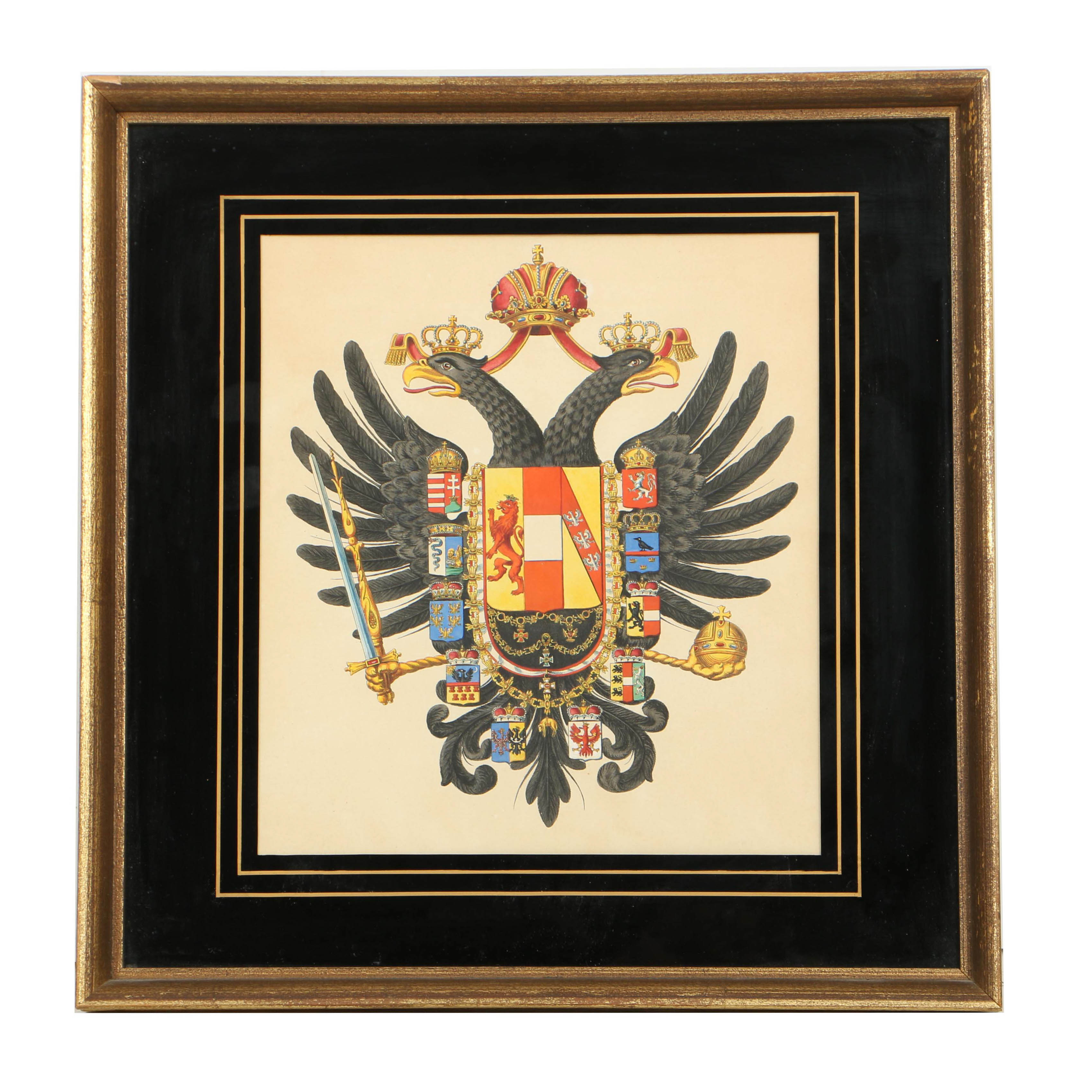 Seven Vintage Hand Colored Heraldic Bookplates, Framed and Sold by Clossons