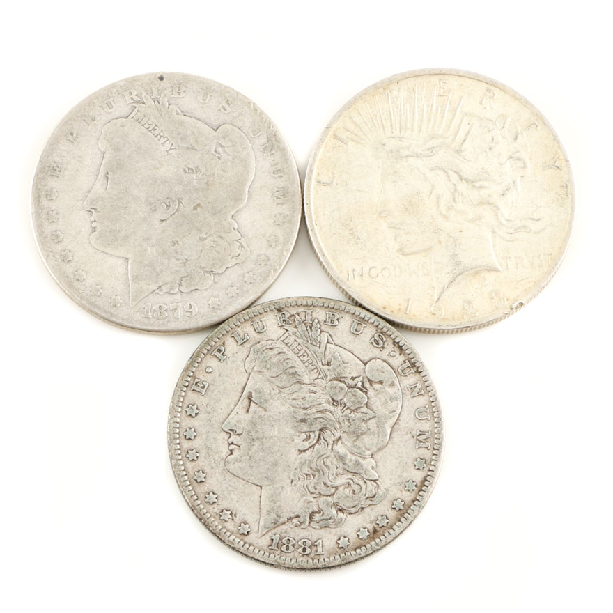 1879, 1881 O Morgan Dollars and 1923 Peace Dollar