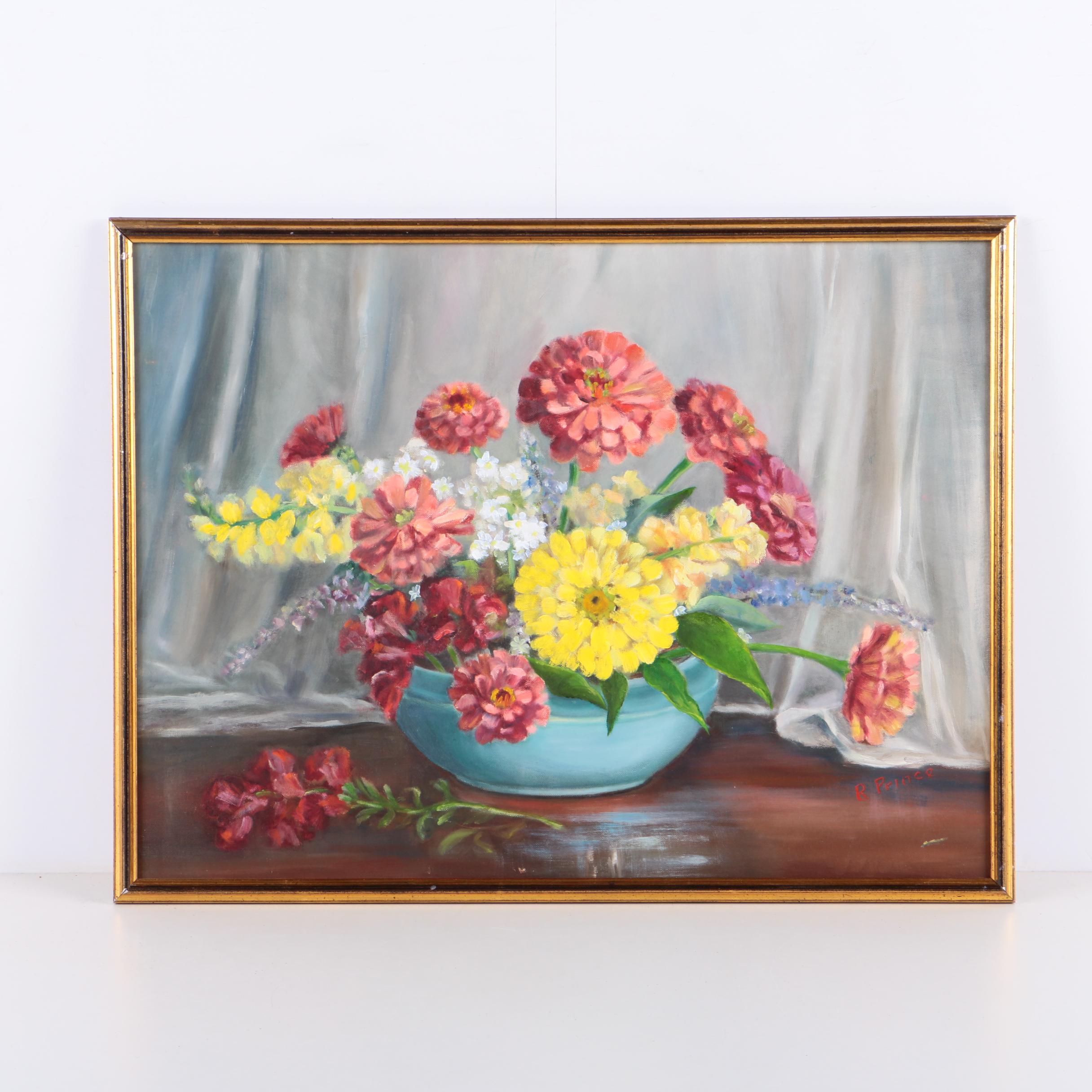 R. Prince Oil Painting on Canvas Board of Floral Still Life