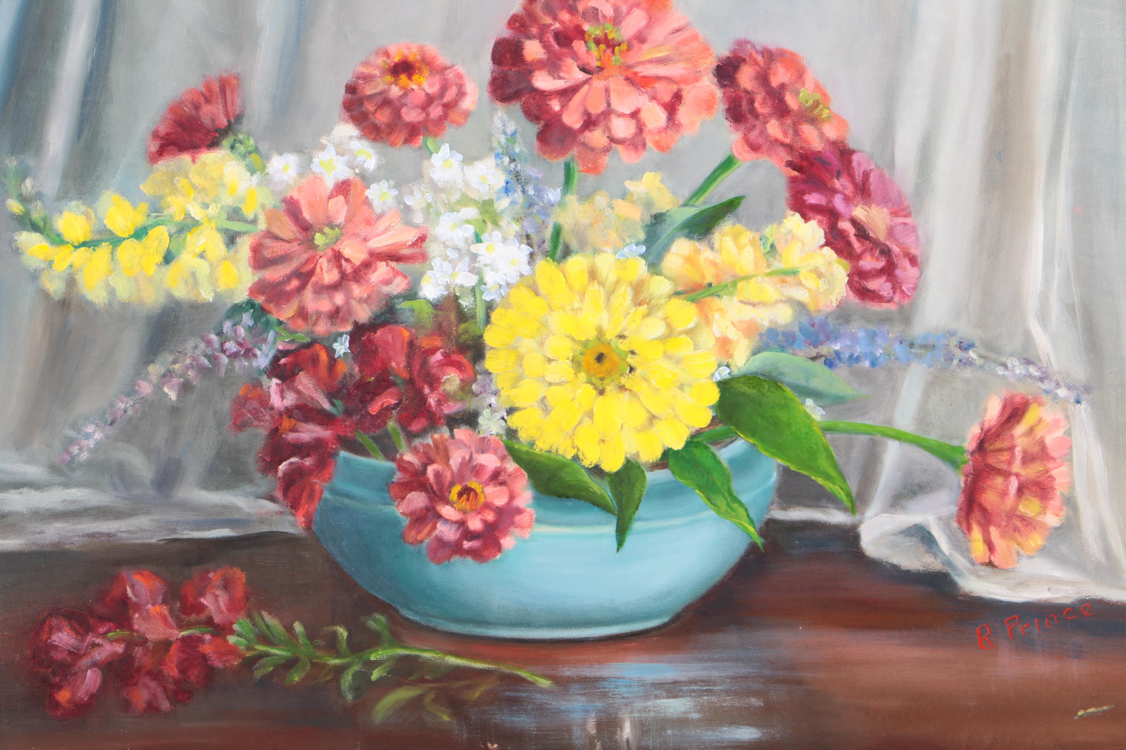 R. Prince Oil Painting on Canvas Board of Floral Still Life