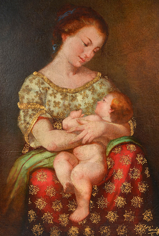 Diana Mendoza Original Oil and Gold Leaf Painting on Canvas "Niña con perrito"