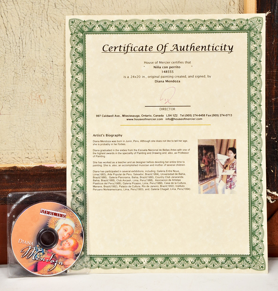 Diana Mendoza Original Oil and Gold Leaf Painting on Canvas "Niña con perrito"