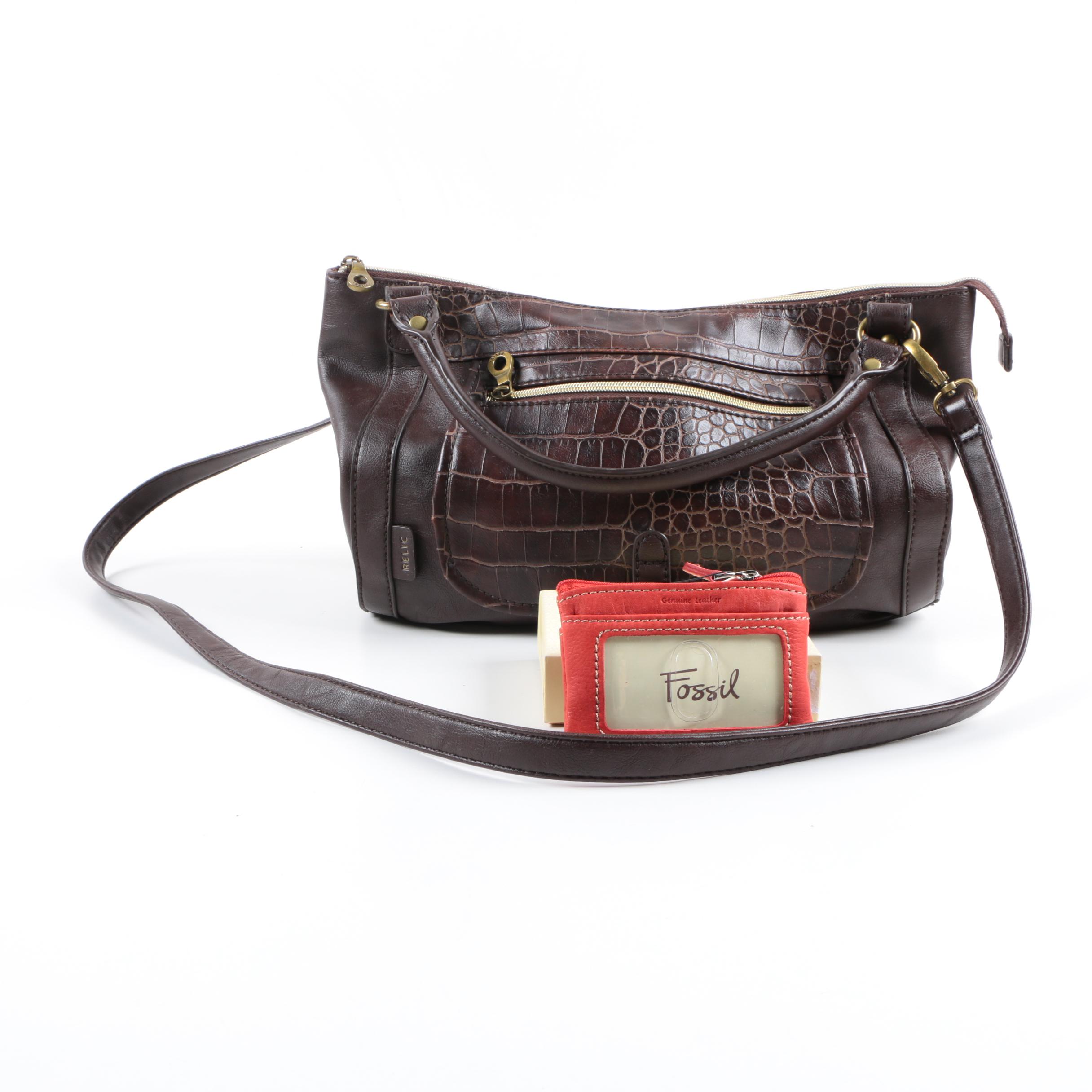 Relic Faux Croc Satchel and Fossil "Pop Stitch" Coin Pouch