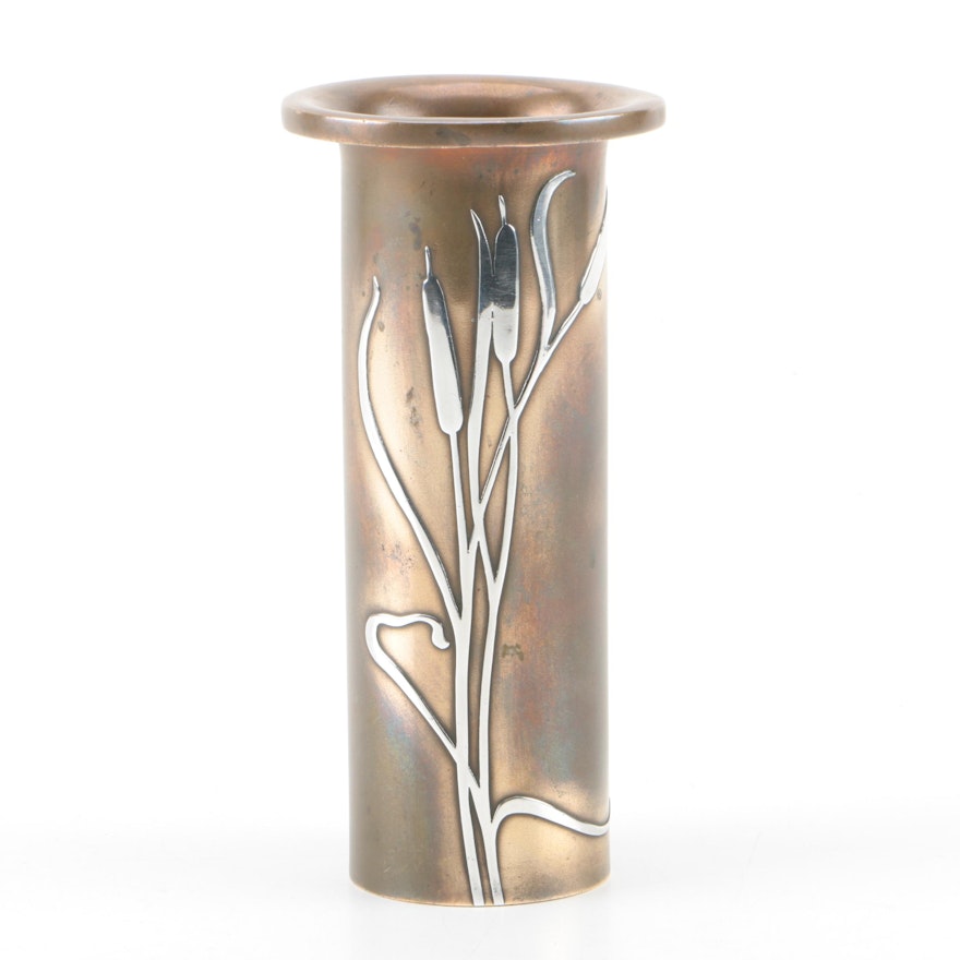 Early 20th Century Heintz Sterling Overlay and Bronze "Cattail" Vase