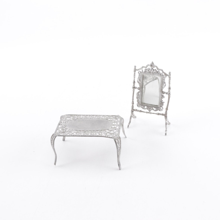 Miniature Silver Tone Metalwork Table and Standing Mirror