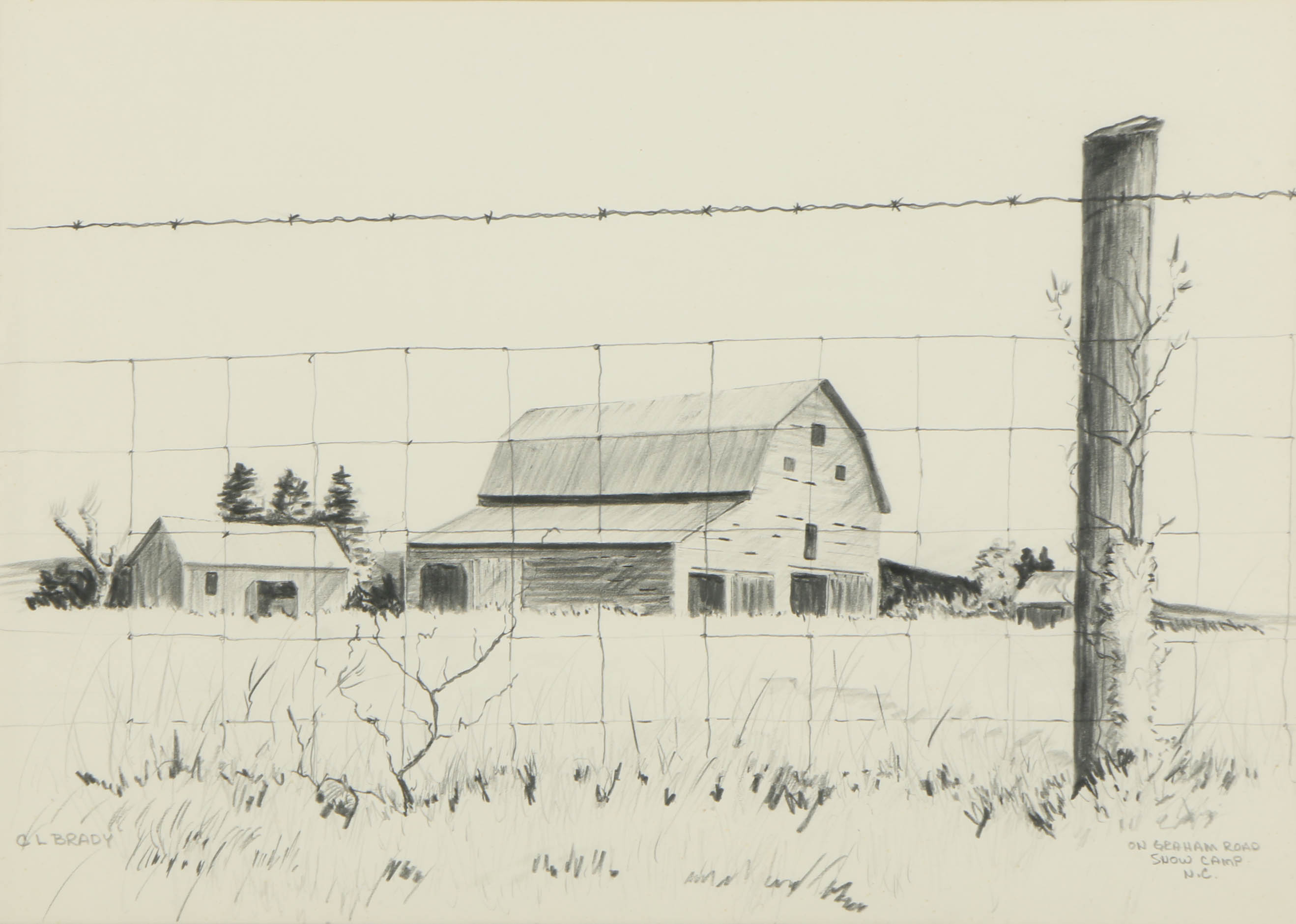 C.L. Brady Graphite Drawing on Paper "On Graham Road, Snow Camp N.C."