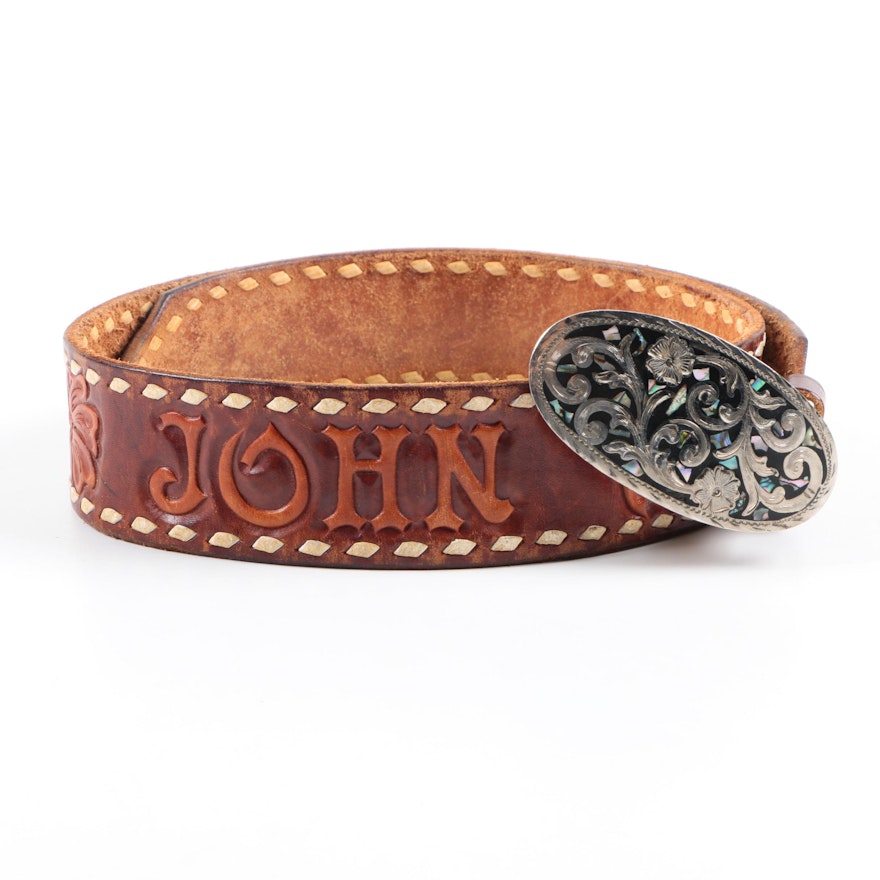 Vintage Leather Belt with Hand Tooled Accents and Abalone Inlaid Buckle