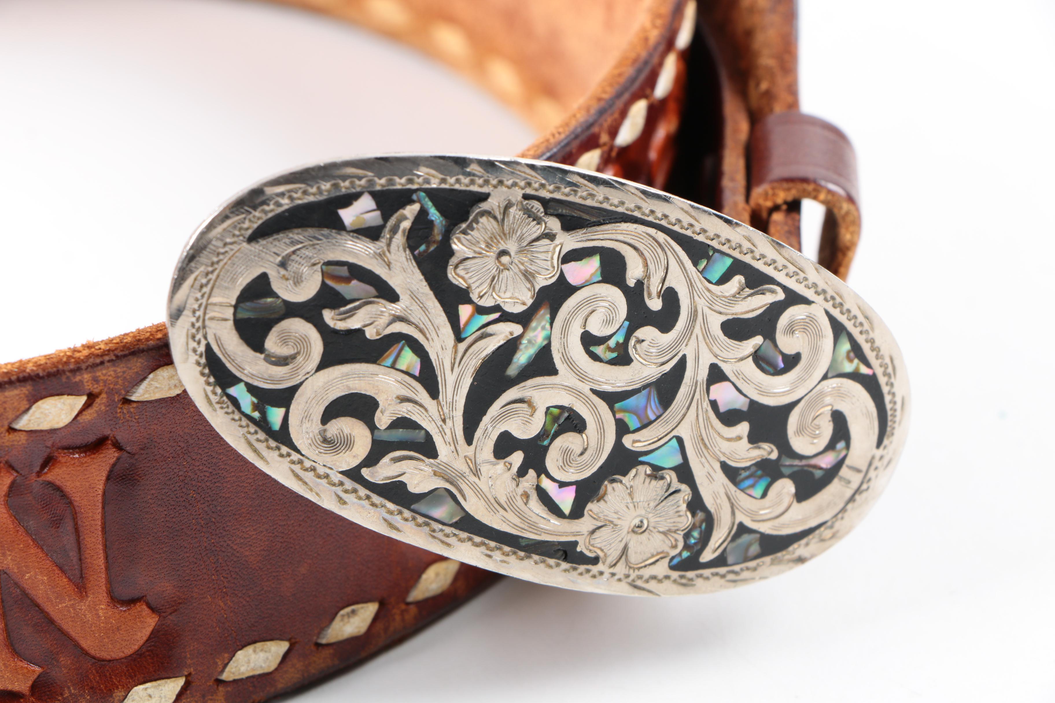 Vintage Leather Belt with Hand Tooled Accents and Abalone Inlaid Buckle