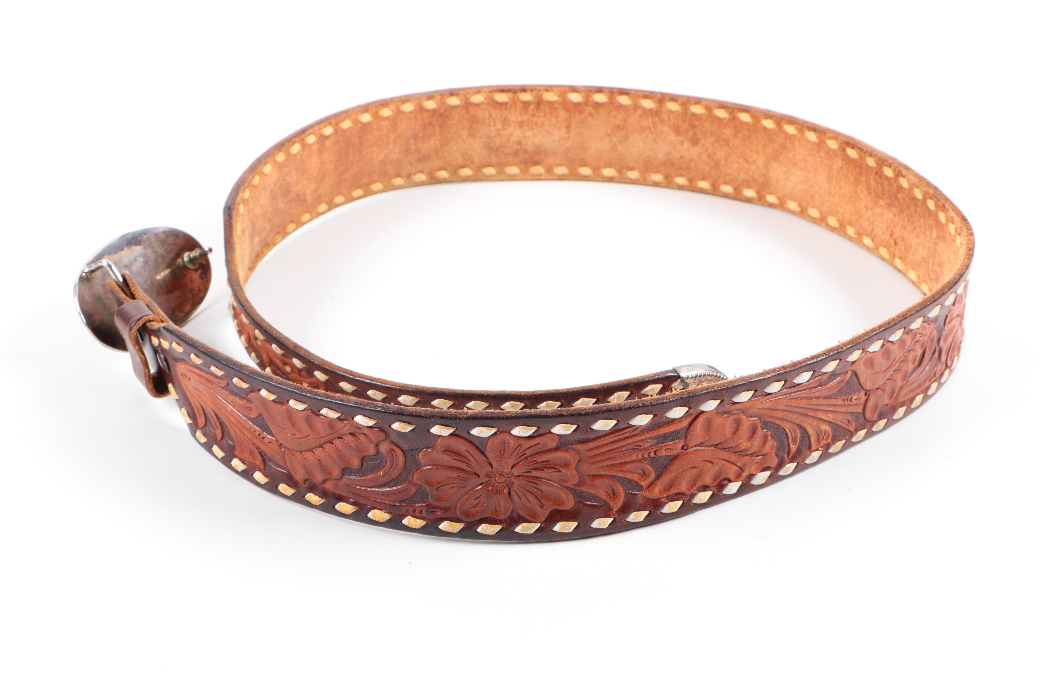 Vintage Leather Belt with Hand Tooled Accents and Abalone Inlaid Buckle